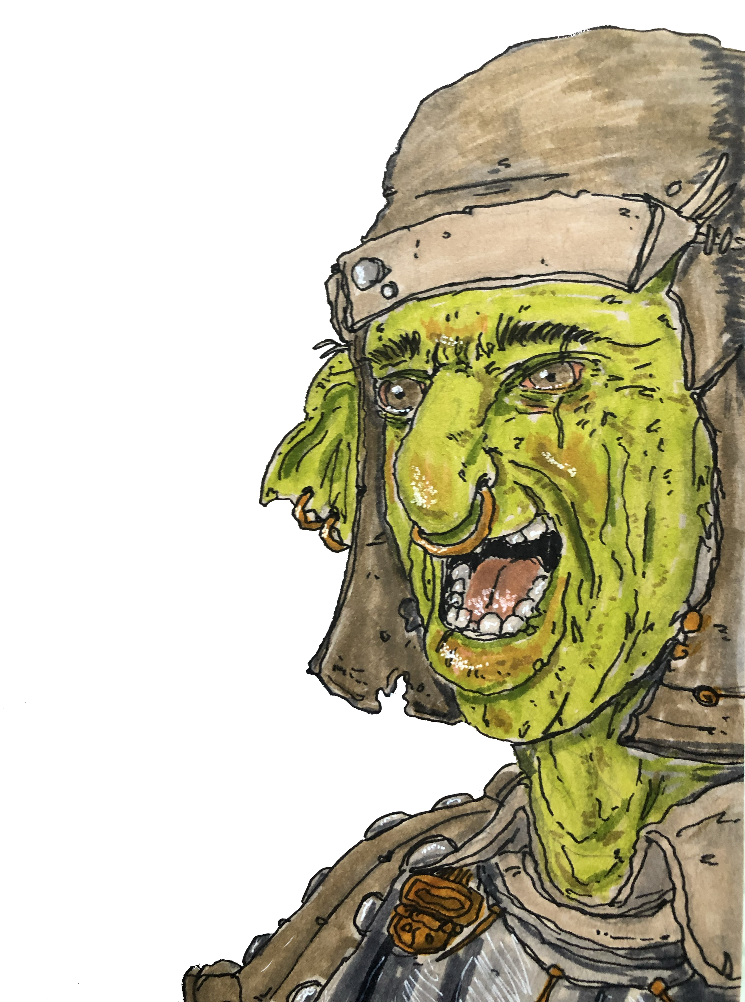 A watercolor illustration of a green-skinned, goblin-like creature wearing a brown helmet with studs, smiling with sharp teeth visible, and dressed in gray armor with orange accents, against a black background.