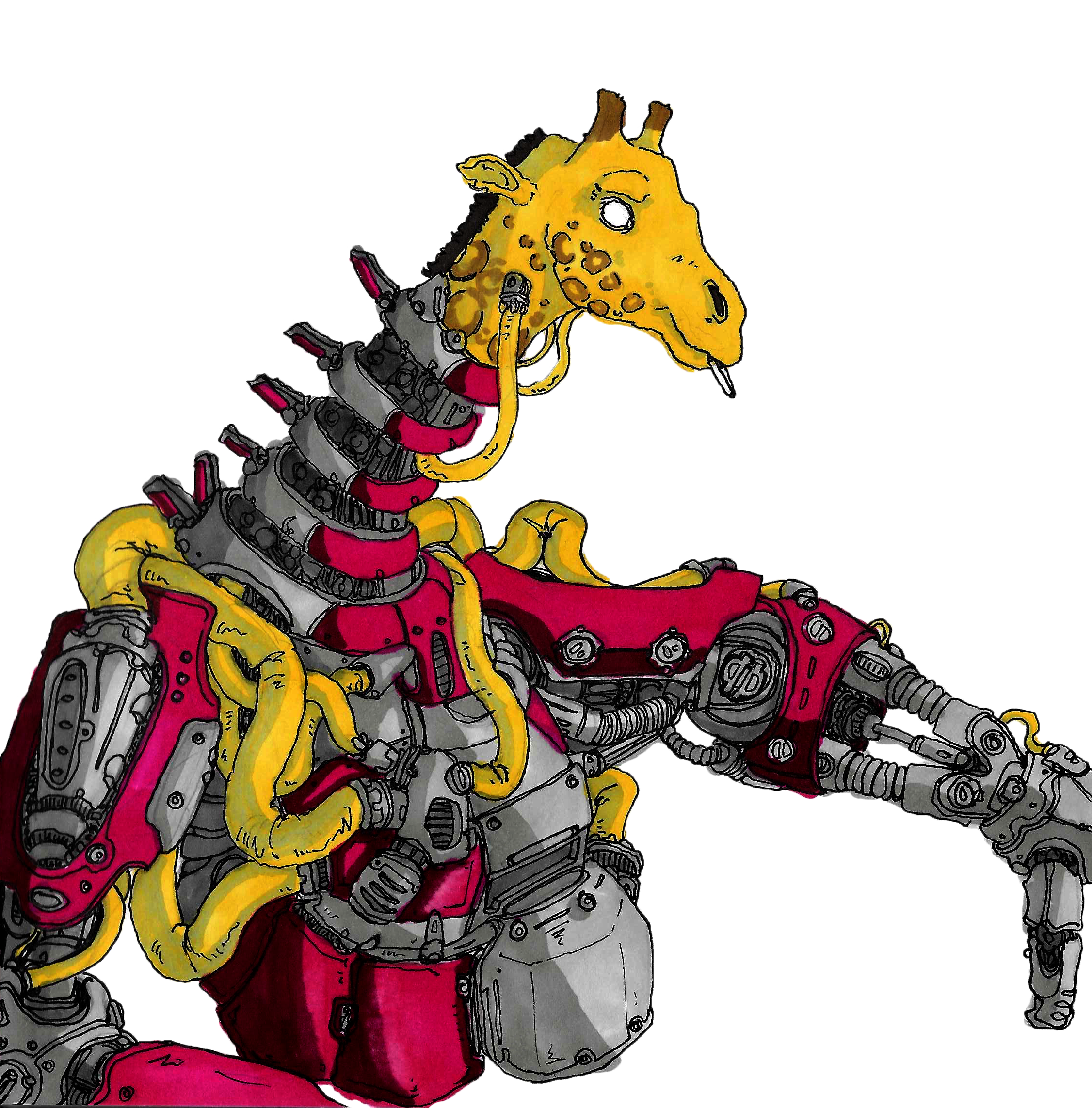 Drawing of a yellow giraffe with a robotic body, wearing red pants, with an Extendo arm, sitting cross-legged.