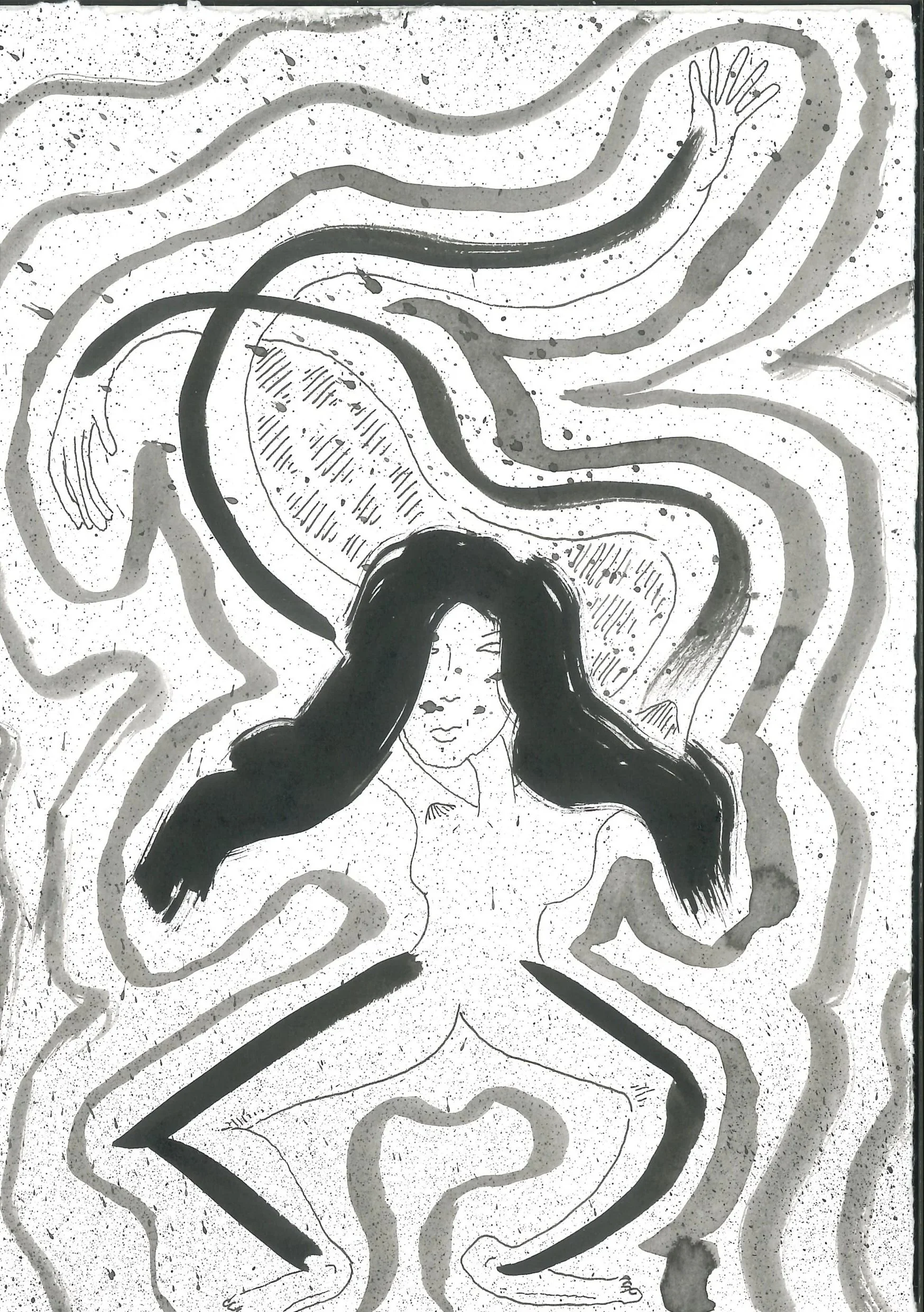 A line drawing of a woman with long hair touching her forehead, surrounded by abstract, swirling lines and shapes.
