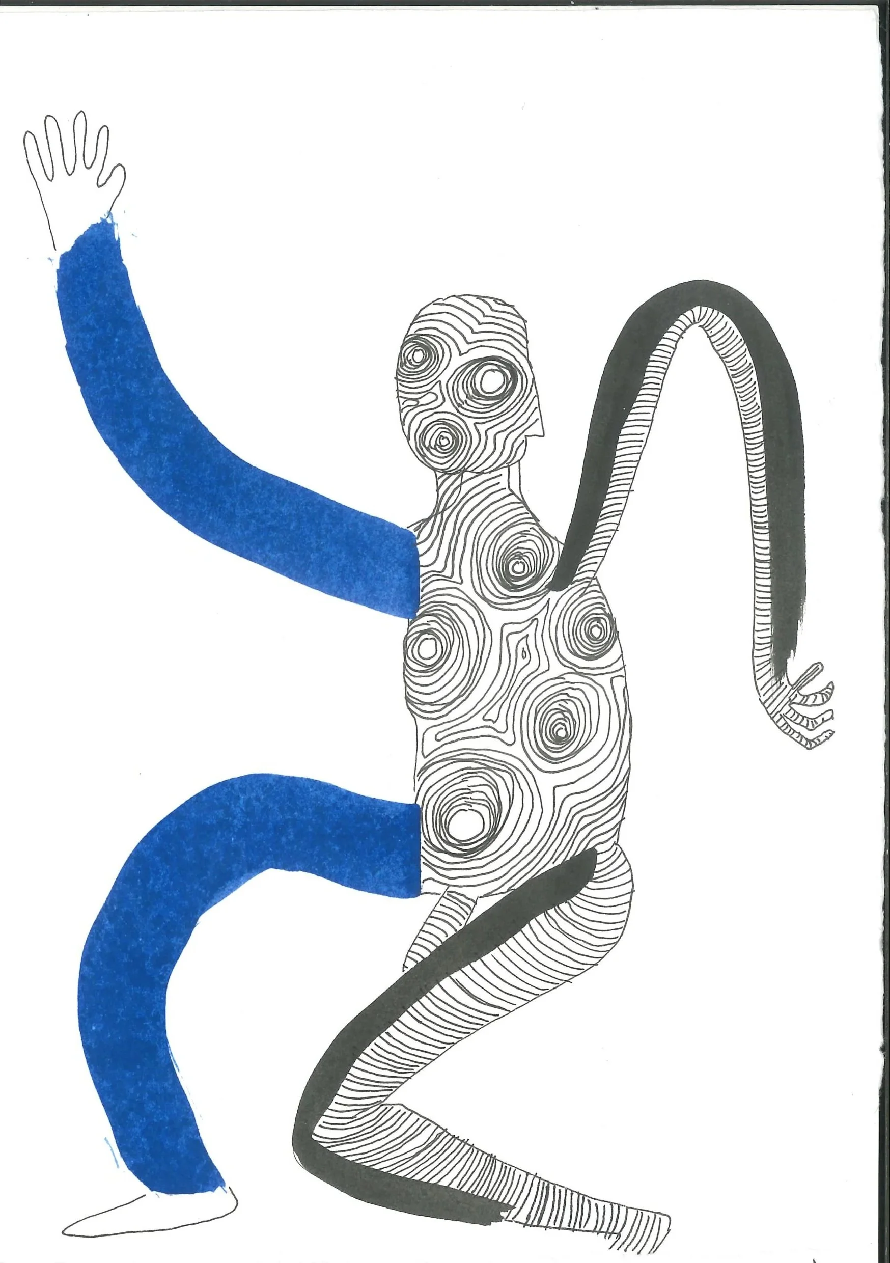 A black and white sketch of a humanoid figure with swirling patterns on its body, sitting on the ground with legs crossed. A large black and gray arch surrounds part of the figure. The figure's head is outline only, with no facial features, and the right arm is raised, with the hand open, looking like a wave or greeting.
