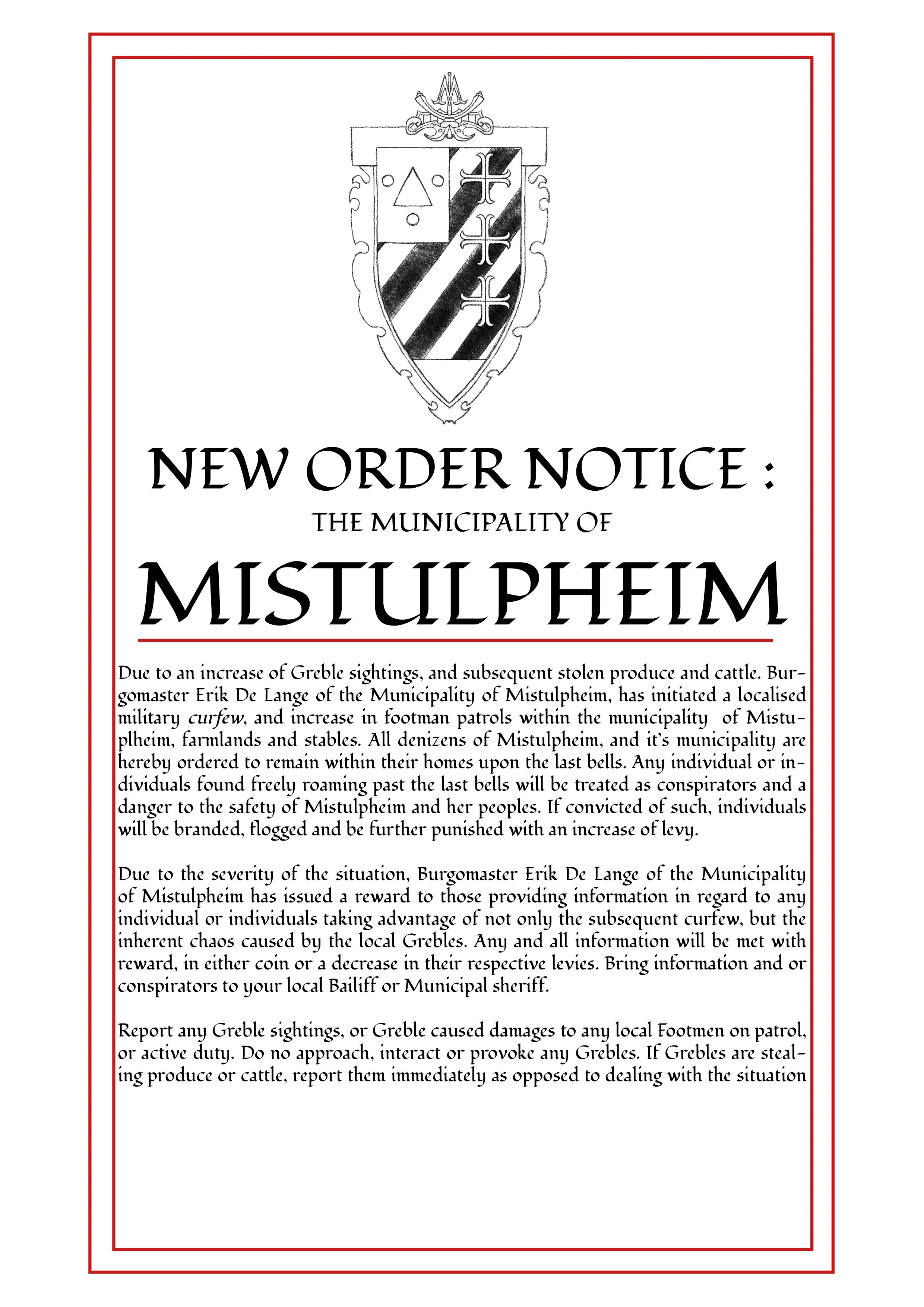 A notice from the Municipality of Mistulphem regarding a new order due to increased Greble sightings and thefts, detailing military curfew, punishments for violators, and instructions for reporting sightings or damages.