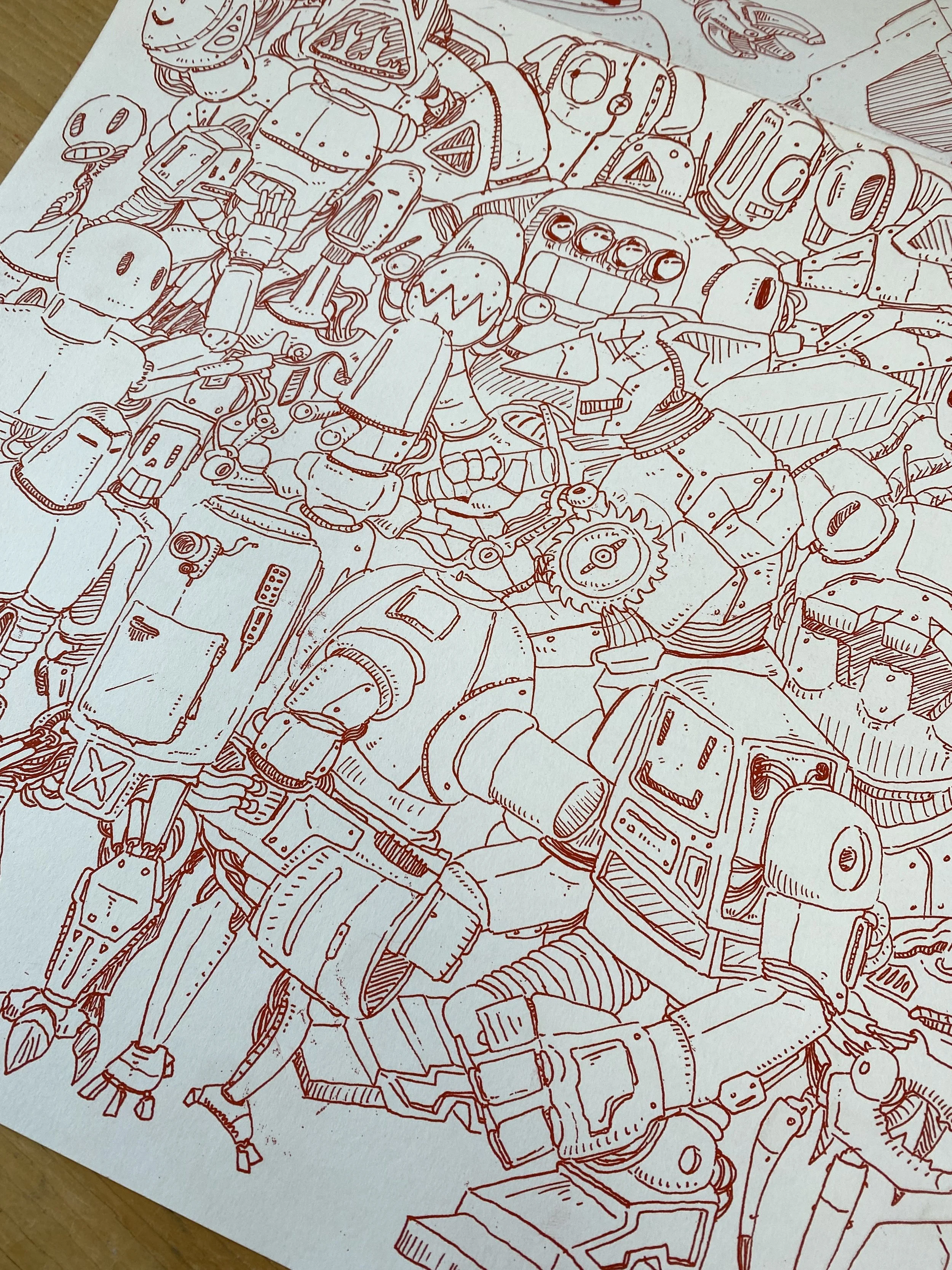 A detailed line drawing of various robots and machinery on a sheet of paper, including humanoid robots, vehicles, and mechanical parts, rendered in red ink.