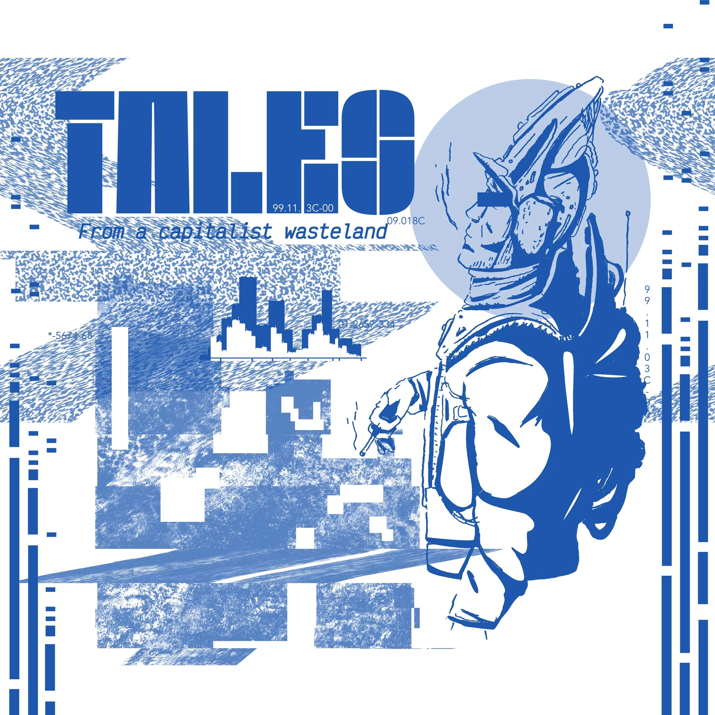 Blue-toned image with the word 'TITLE' in large block letters, a partial city skyline, a figure with a backpack, and various textured and digital design elements.