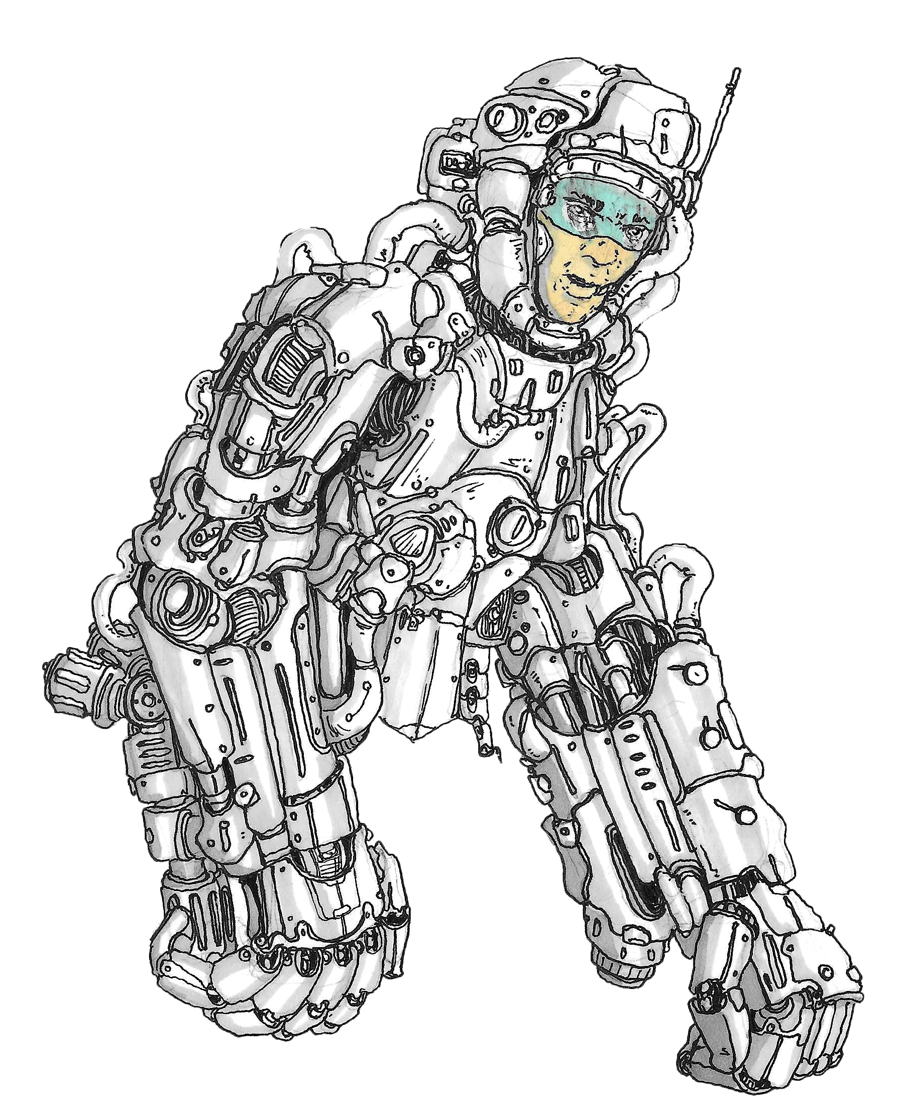 Drawing of a human in a spacesuit, showing detailed mechanical parts and a transparent helmet with the person's face visible inside.
