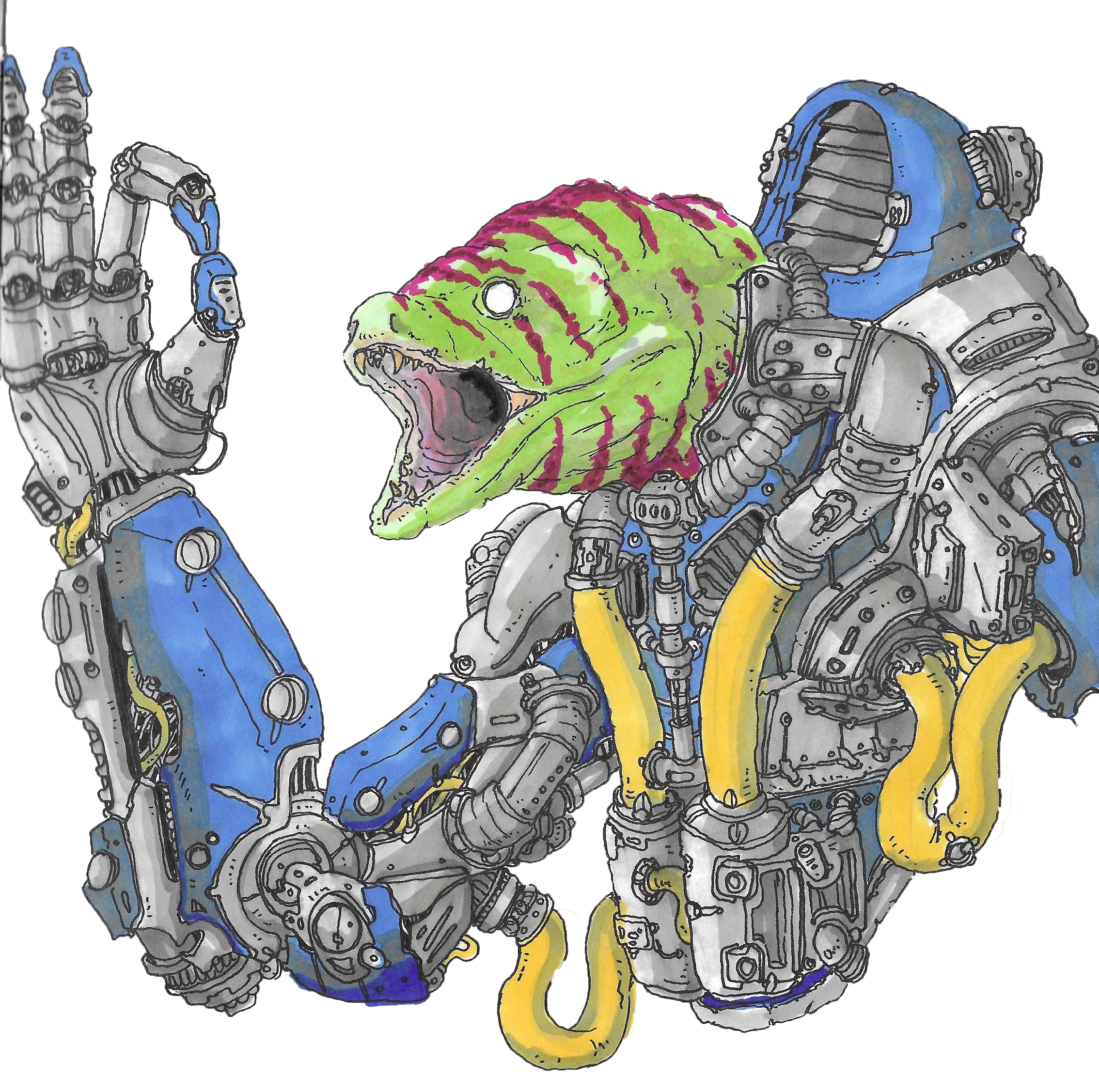 A colorful illustration of a robotic creature with a Moray Ell head, green with pink markings, and mechanical parts in gray, blue, yellow, and black.