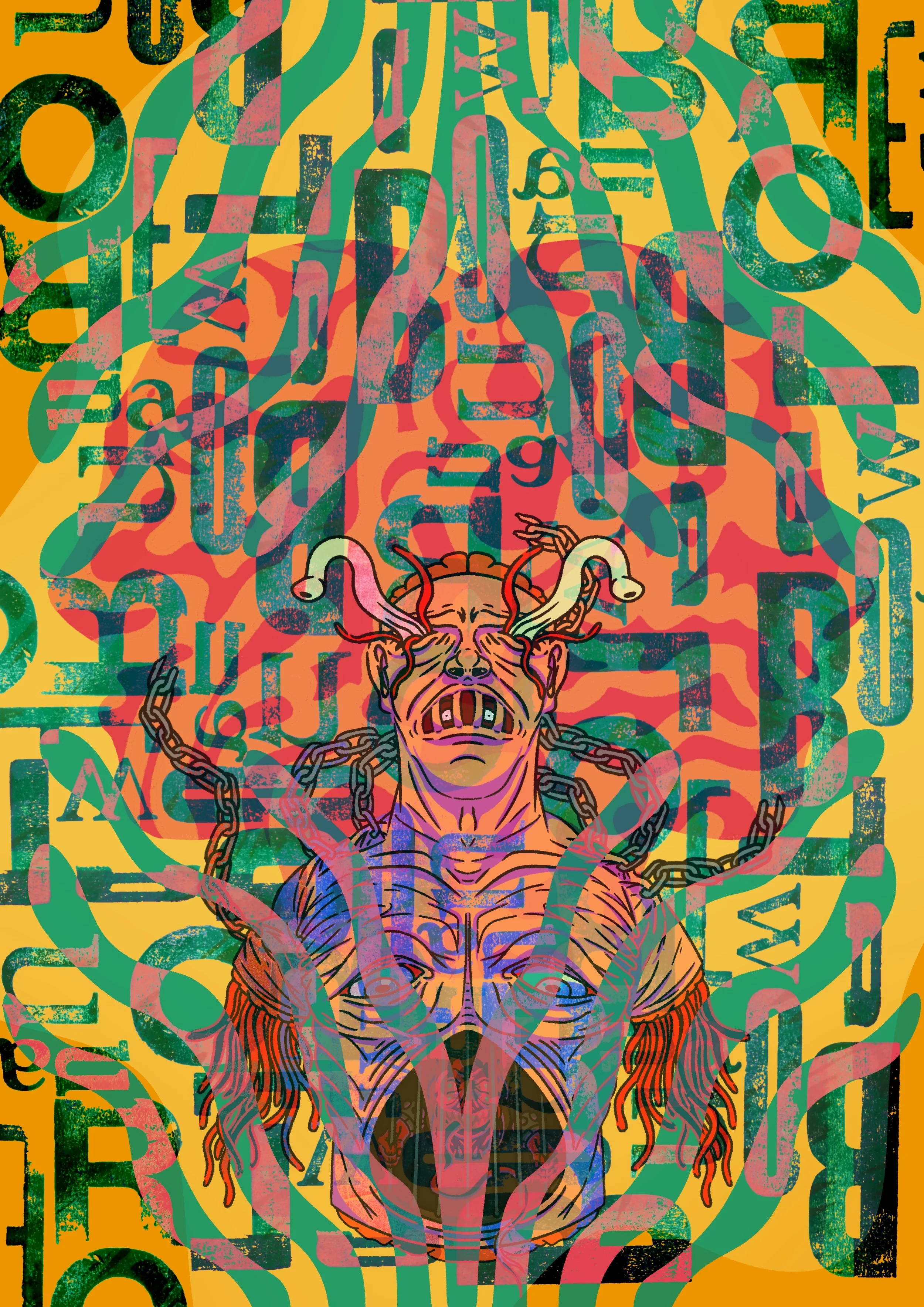 A surreal, colorful illustration featuring a central humanoid figure with an exaggerated, distorted face, surrounded by chains and intricate patterns, over a vibrant background with overlapping numbers and abstract shapes.