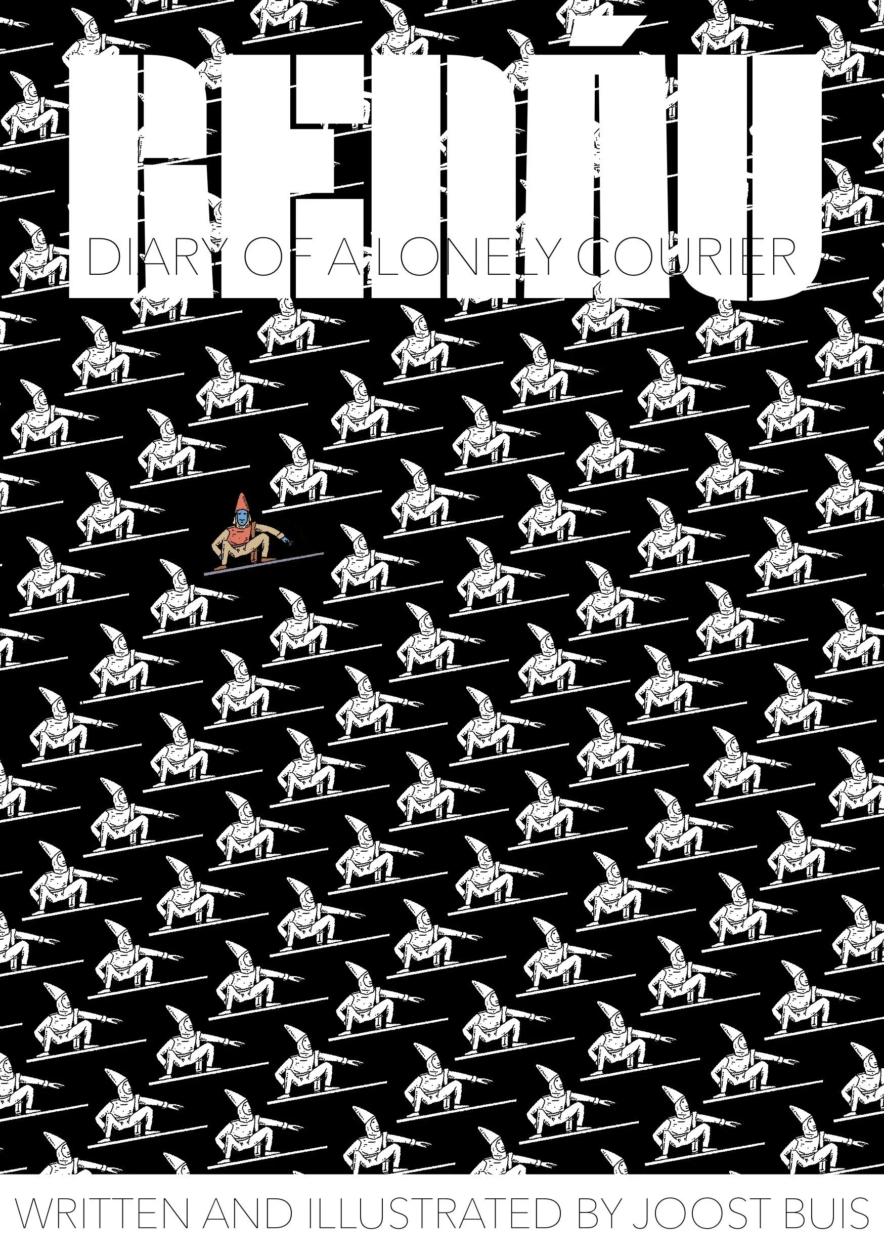 Cover image for 'The Diary of a Lonely Courier' featuring a pattern of stylized couriers in white and black, with one courier in color at the bottom left and text overlay.