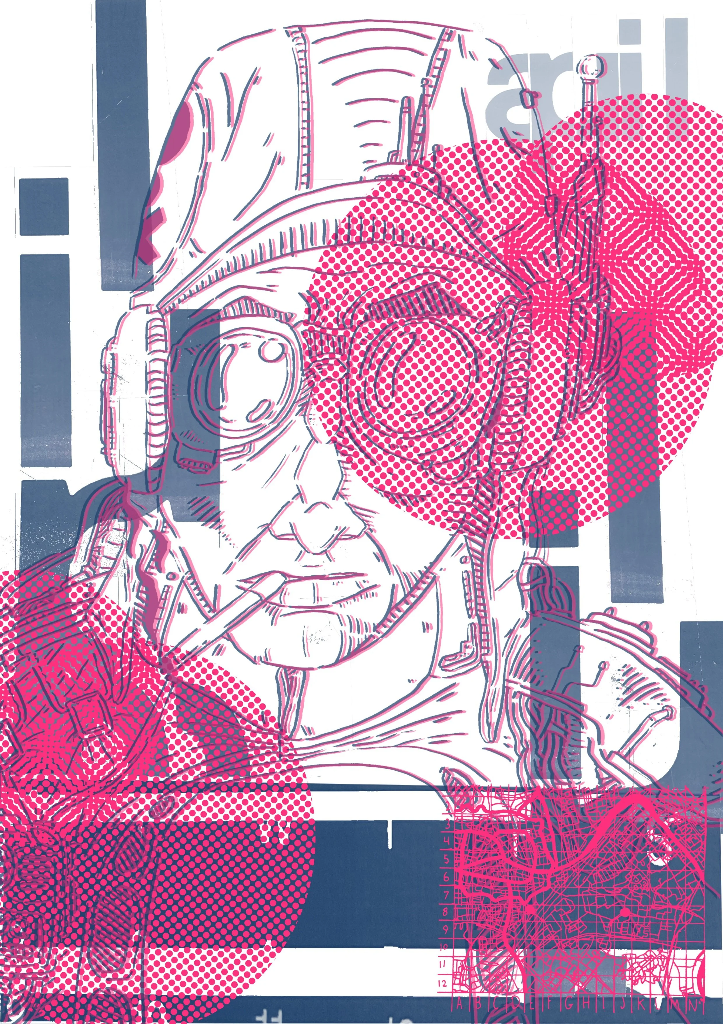 Artwork of a person in a space suit, with a helmet and backpack, in a detailed line drawing style, overlaid with pink halftone and digital graph elements.