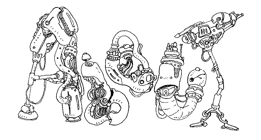 Line drawing of the word 'ABOUT' rendered in a mechanical, robotic style on a black background.