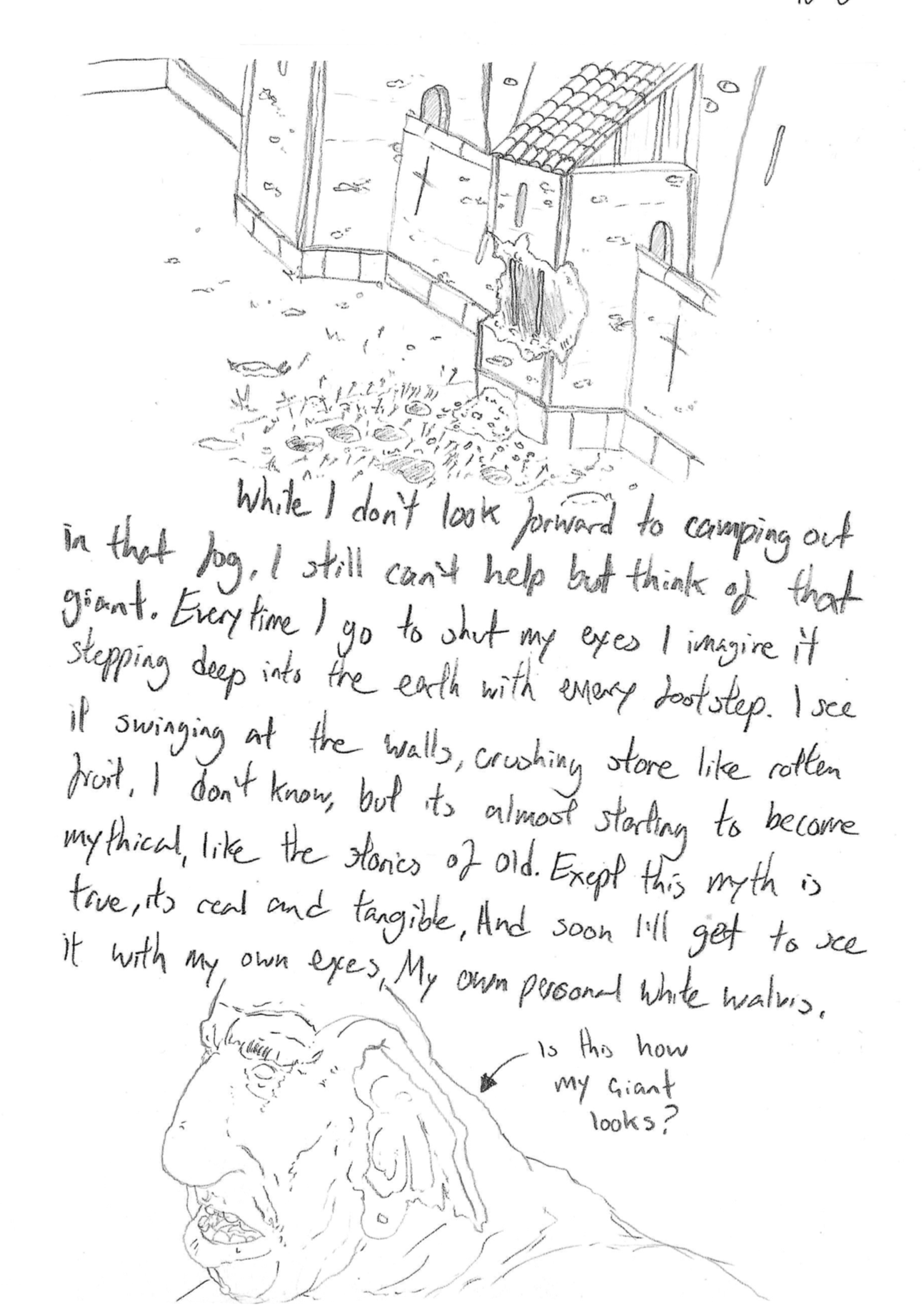 A hand-drawn sketch of a person and a nearby dog with handwritten text. The person appears to be an older man with glasses, and the dog is a large greyhound or similar breed. The text discusses the dog's behavior and the person's imaginative thoughts about the dog as a giant.