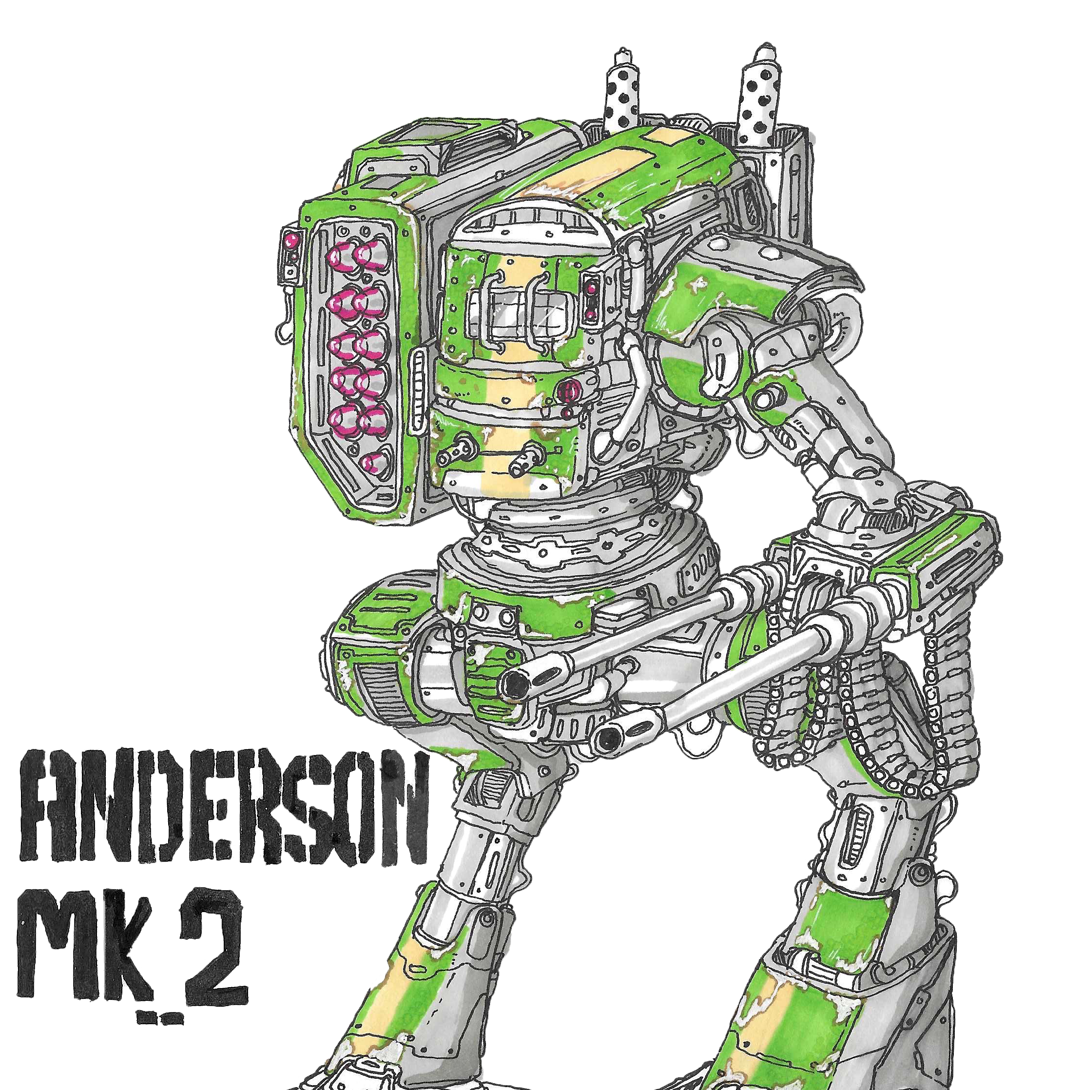 A watercolor illustration of a green mecha robot with various panels, tubes, and mechanical details, standing upright.