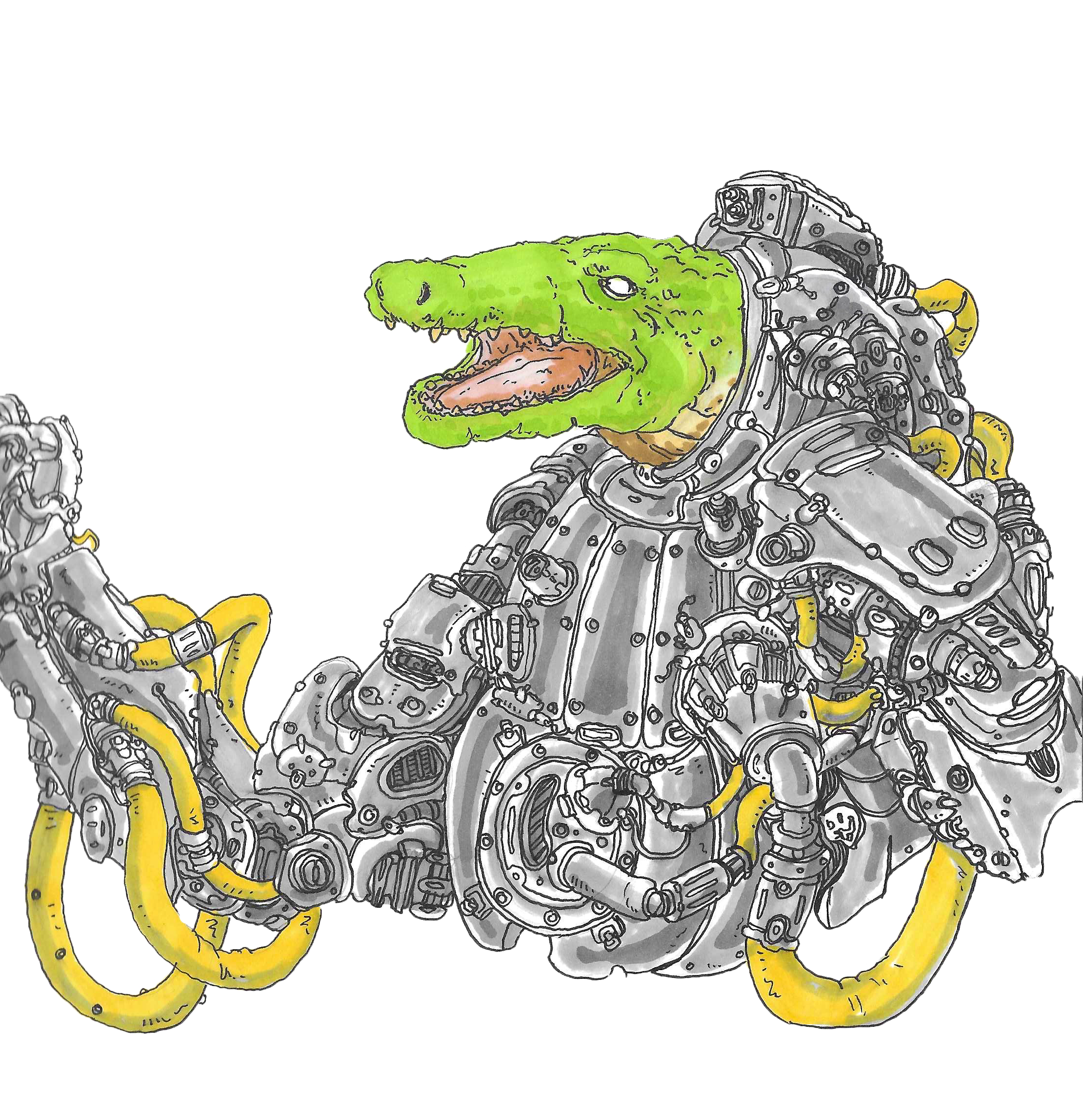 A drawing of a cartoon crocodile with a robotic body and yellow hoses attached. The crocodile's head is green with an open mouth, showing teeth, and it's wearing a metallic robotic suit.