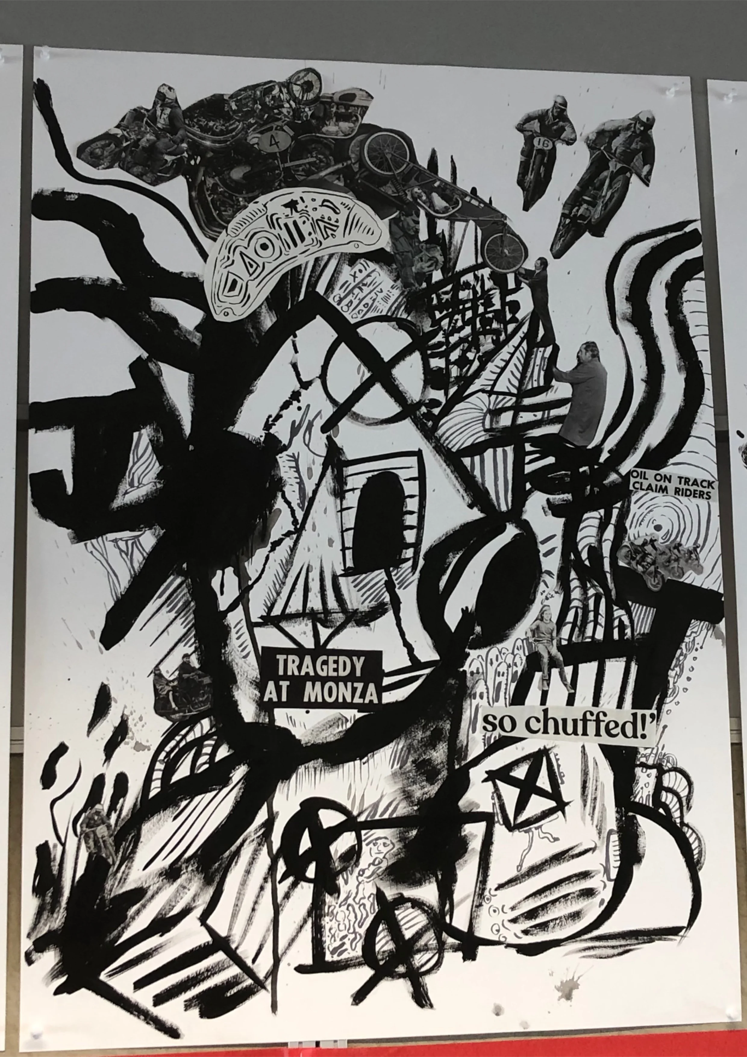 Black and white collage artwork featuring vintage motorcycles, roller coaster tracks, and scenes from the Monza tragedy, with text captions about the incident.
