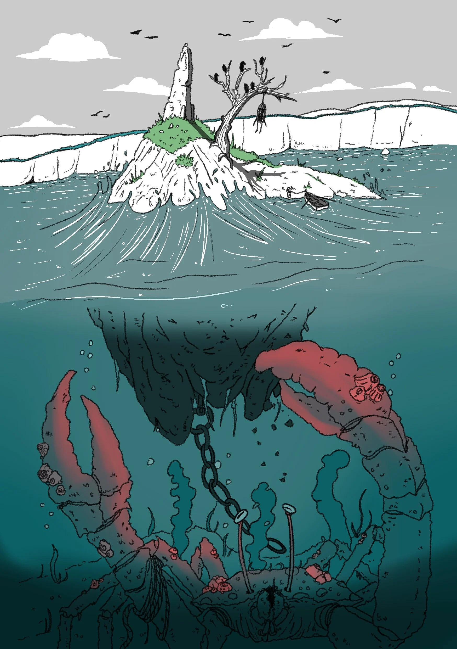 A drawing of a large whale submerged in the ocean, with a chain attached to its tail. The whale has a tree on its back with a hanging object from one of its branches. A boat floats nearby, and there are red tentacles or marine creatures near the whale's head, with a hand reaching into the water.
