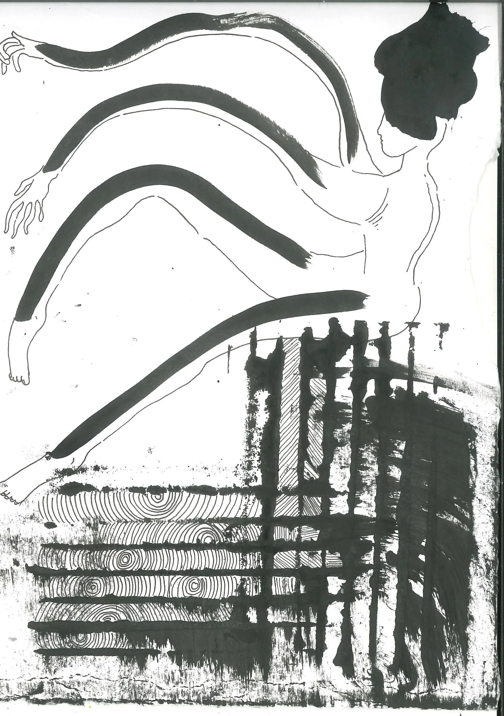 Black and white sketch of a reclining woman, with long flowing hair, near a body of water, with a group of people standing on a platform or dock.