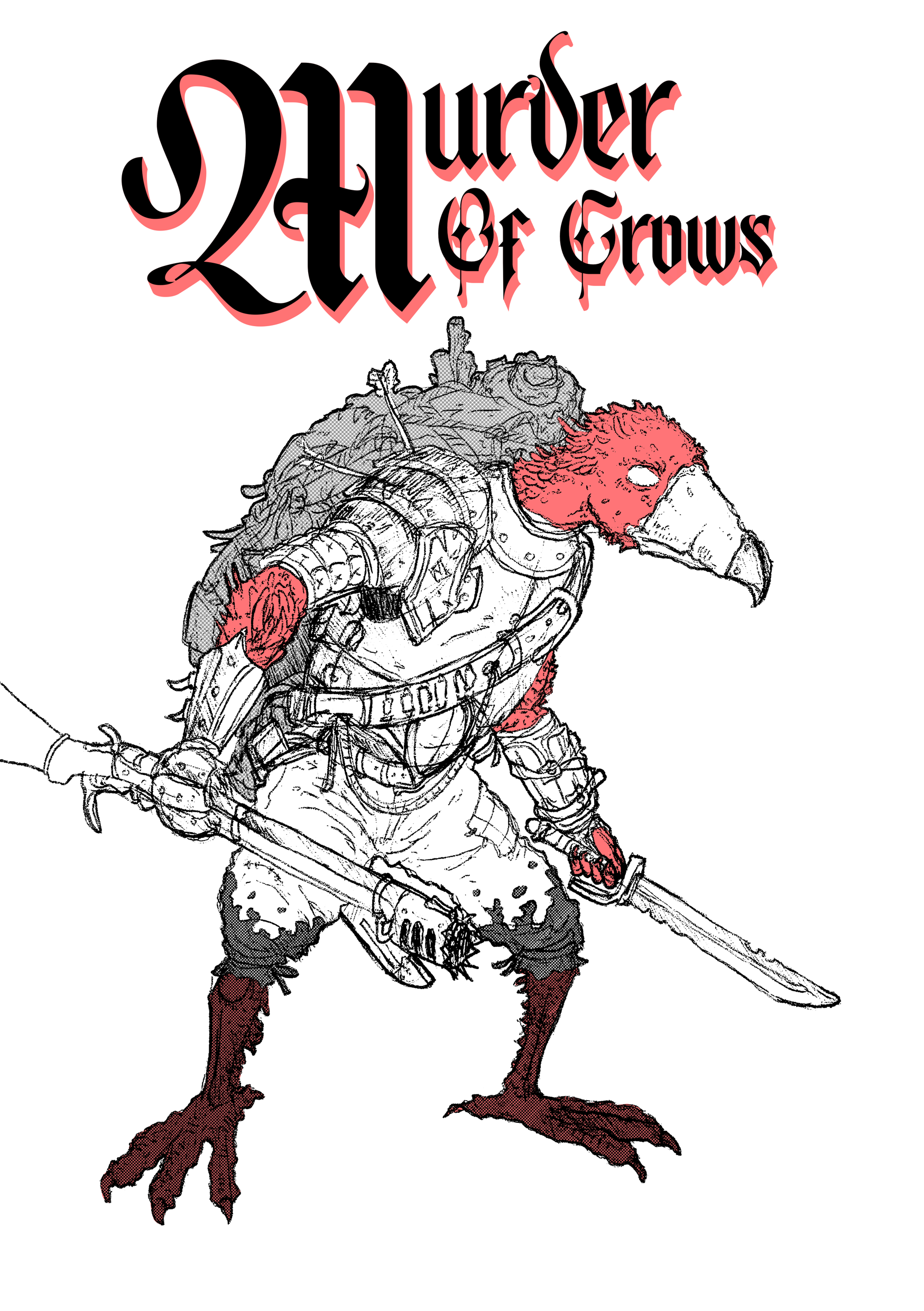 A cartoon illustration of a humanoid chicken with red feathers, dressed as a warrior, wearing medieval armor, holding a sword, with the title 'Order of Crows' in stylized gothic font at the top.