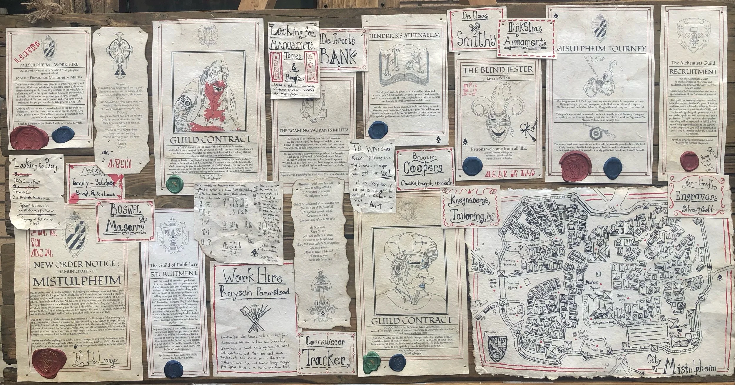 A bulletin board filled with various papers, maps, drawings, and notes related to Mistulheim, including guild contracts, work orders, maps of the town, and sketches of characters.