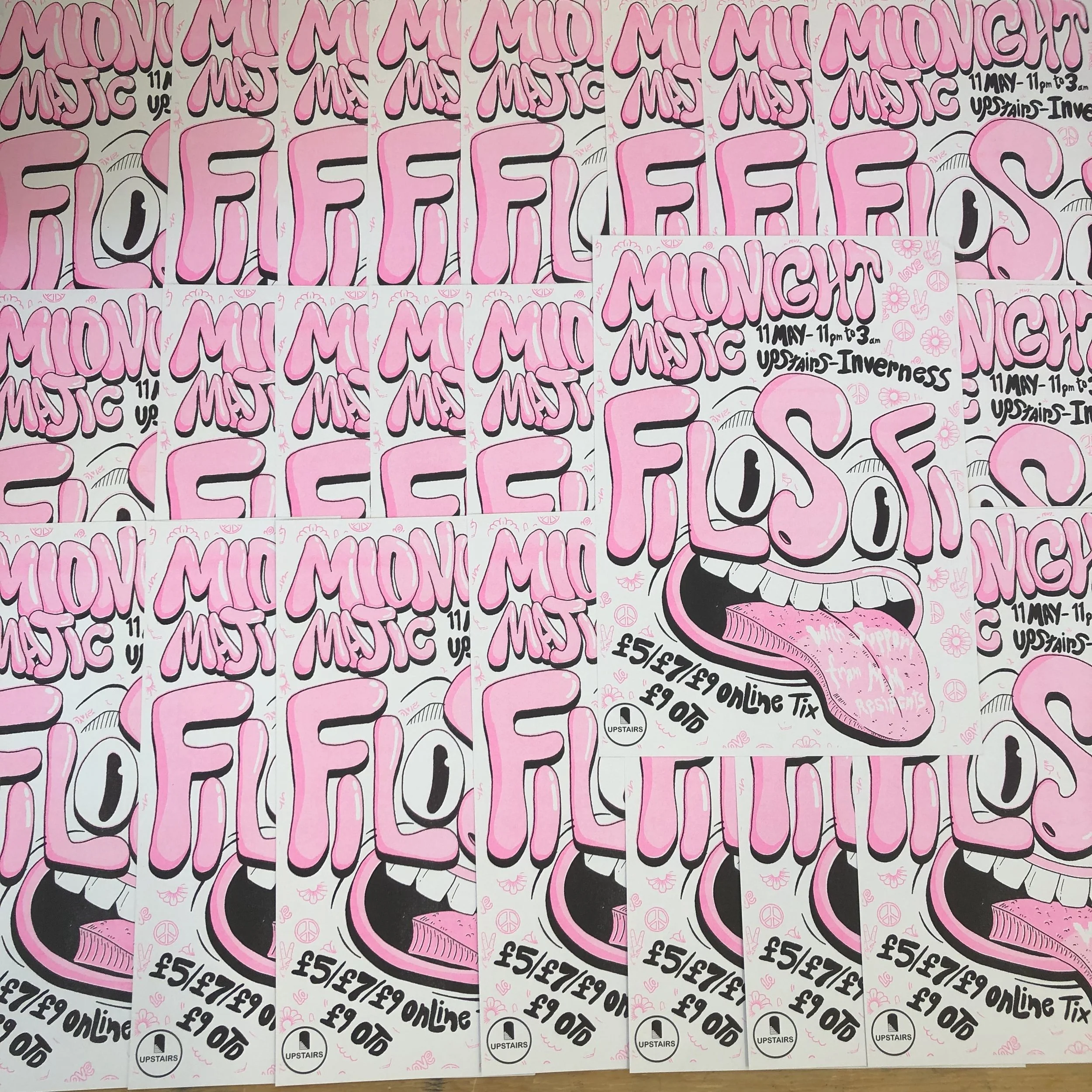 Multiple identical pink and white flyers for a Midnight Majic event with decorative doodles, featuring the event details and ticket prices, covering a large surface, possibly stacked or pasted on a wall.