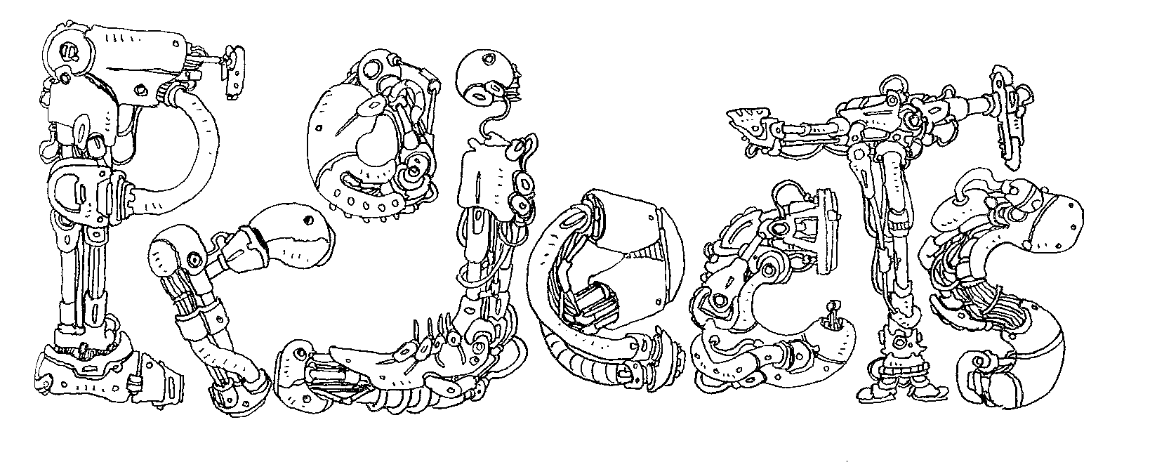 The word "PROJECTS" is written in large letters made of intricate, detailed line drawings of mechanical and robotic parts on a black background.