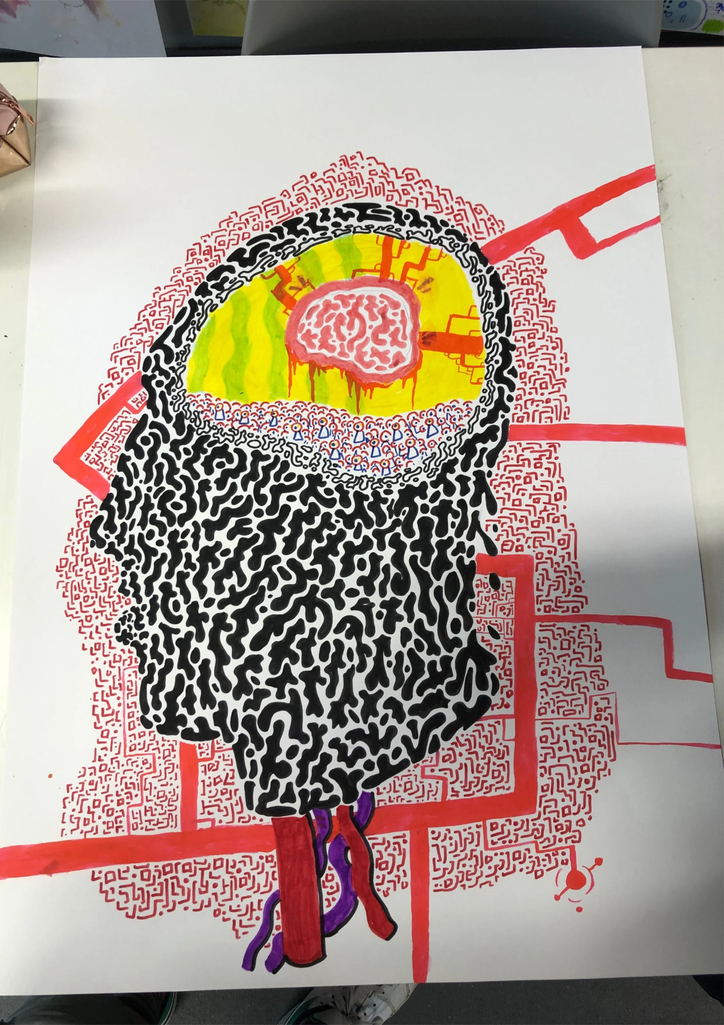 Colorful abstract illustration of a person with a brain in the head, surrounded by various lines and shapes, with some text and patterns in the background.