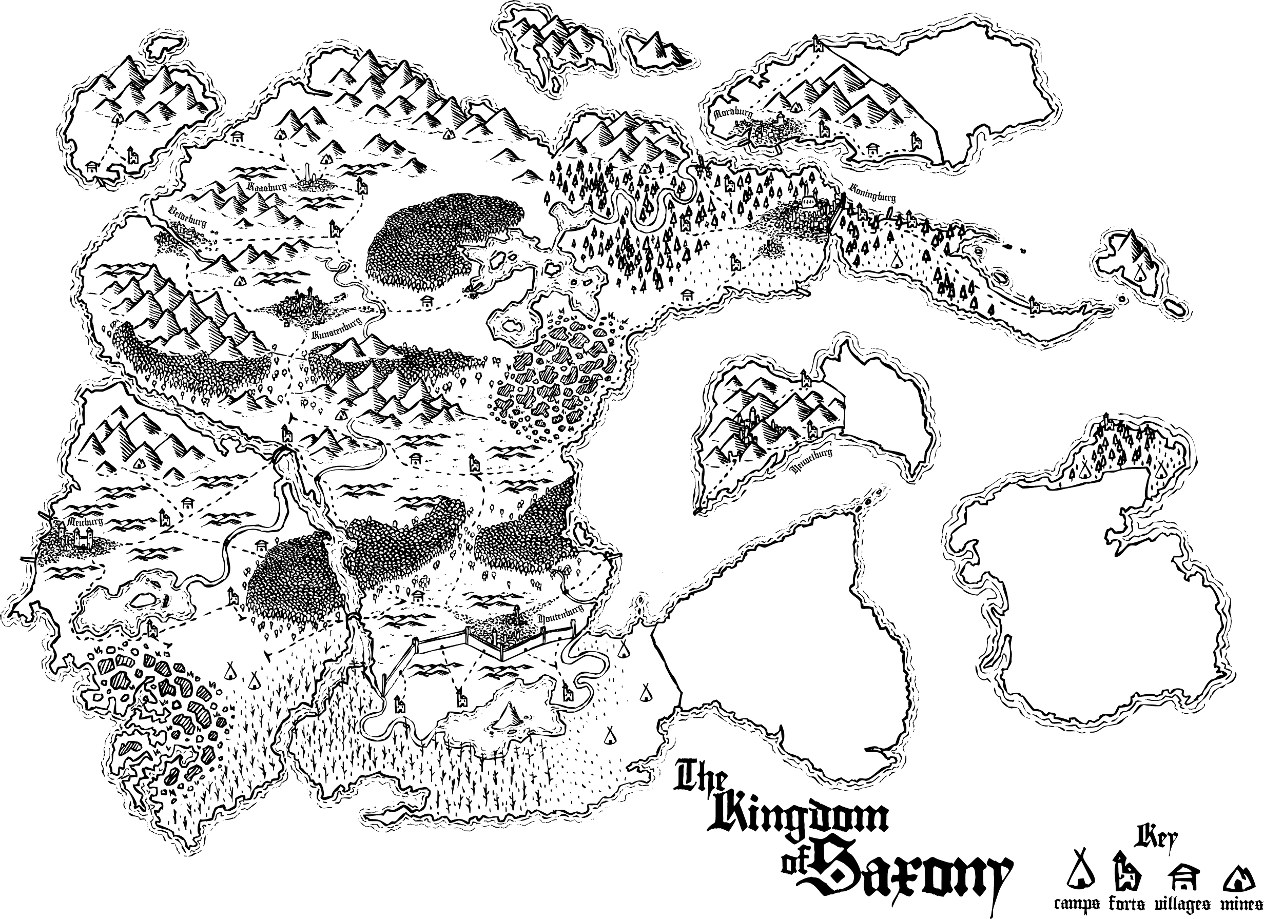 A black and white illustrated fantasy map of the fictional land called the Kingdom of Saxony.