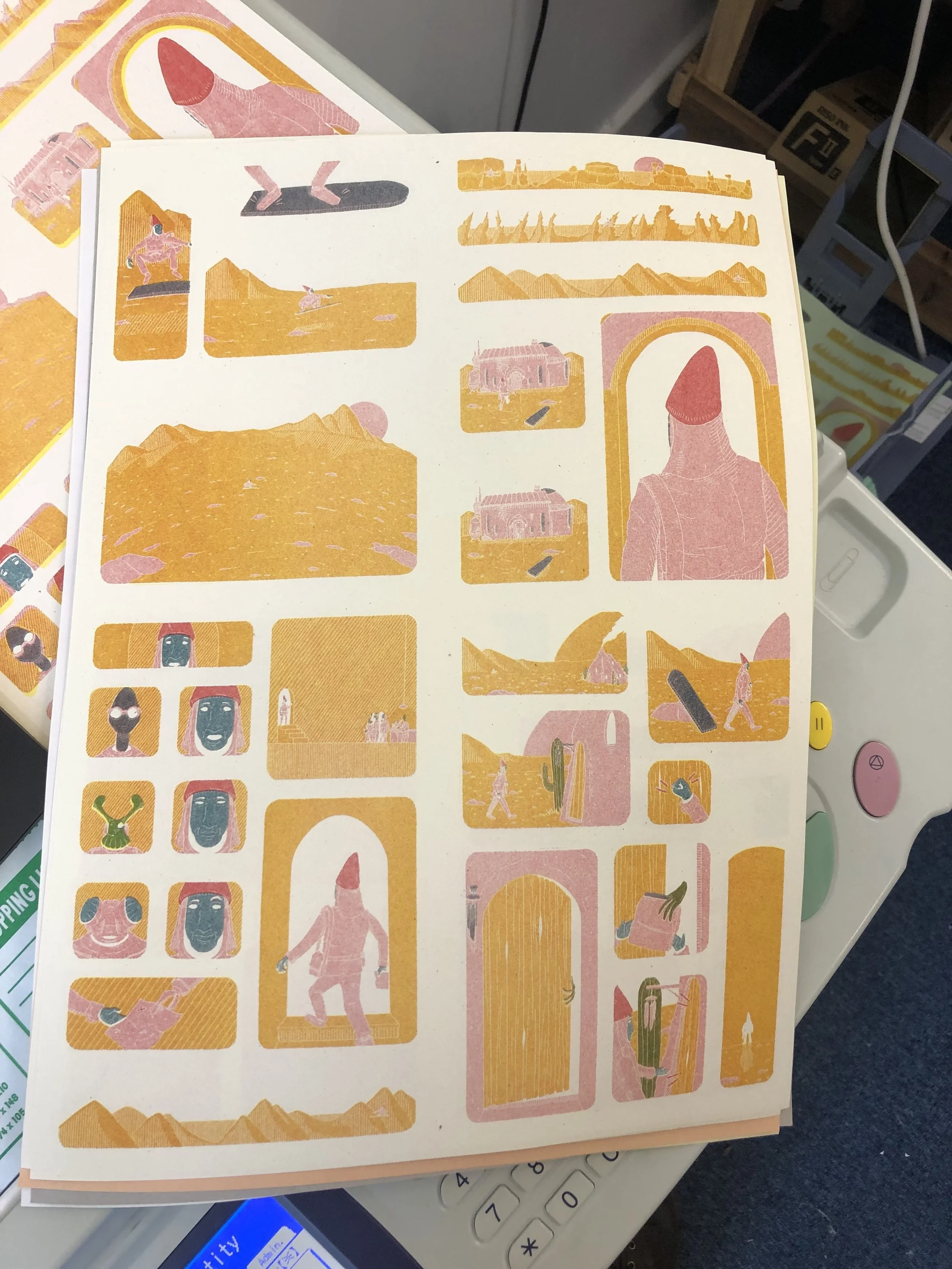 Sheet with various stylized illustrations of landscapes, buildings, humans, and objects in shades of pink, yellow, and black.
