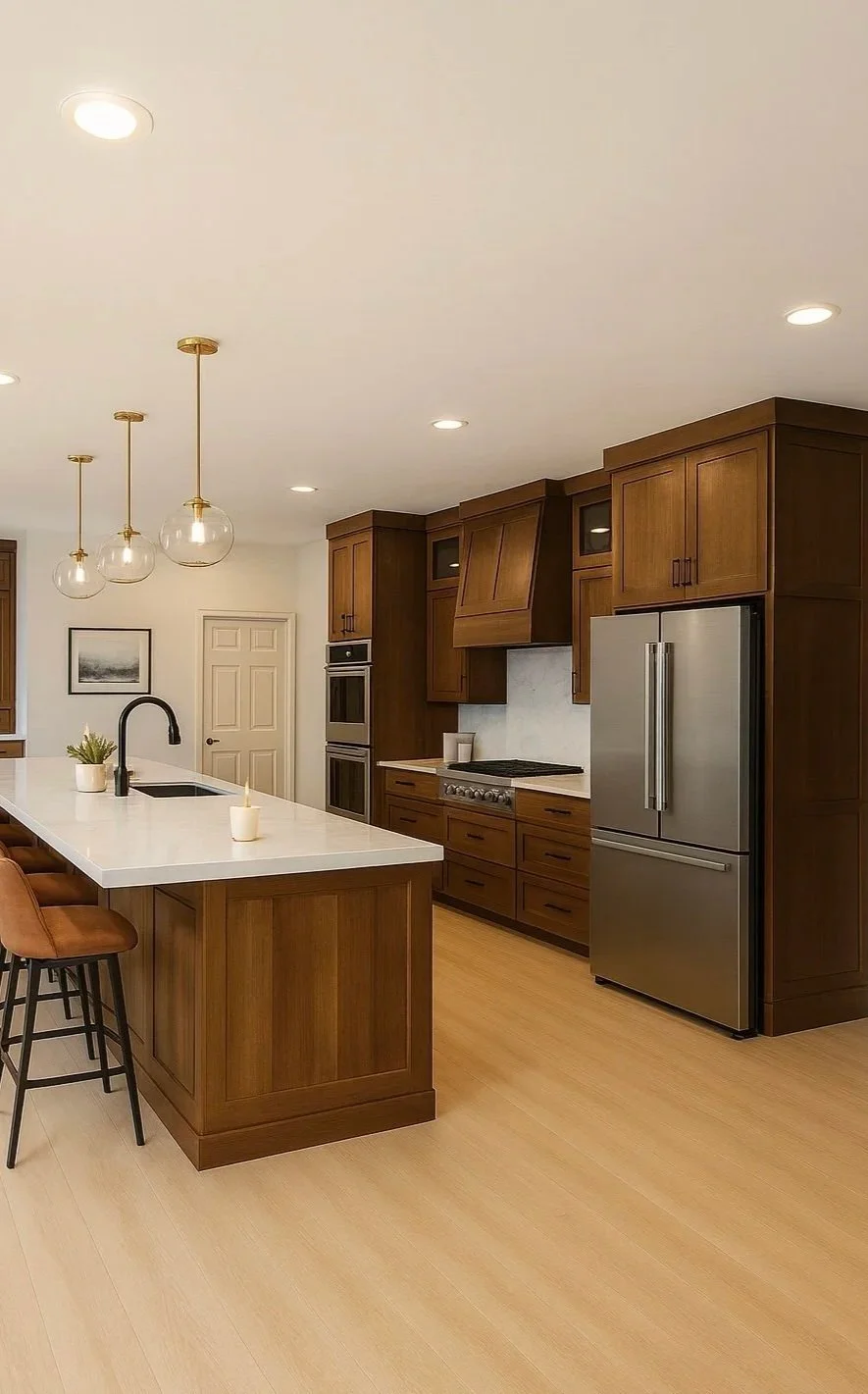 Modern kitchen with wooden cabinets, a white island with bar stools, stainless steel refrigerator and oven, pendant lights, and hardwood flooring.