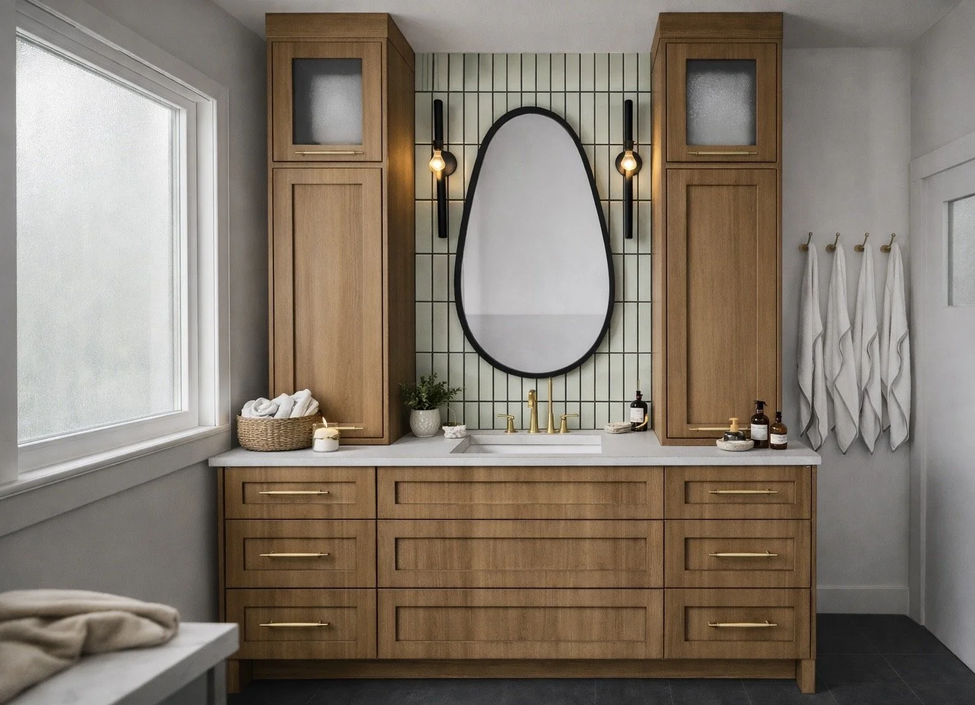 Modern bathroom vanity with a large oval mirror, black framing, and gold fixtures, flanked by wooden cabinets, with a small potted plant, soaps, and towels on the white countertop.