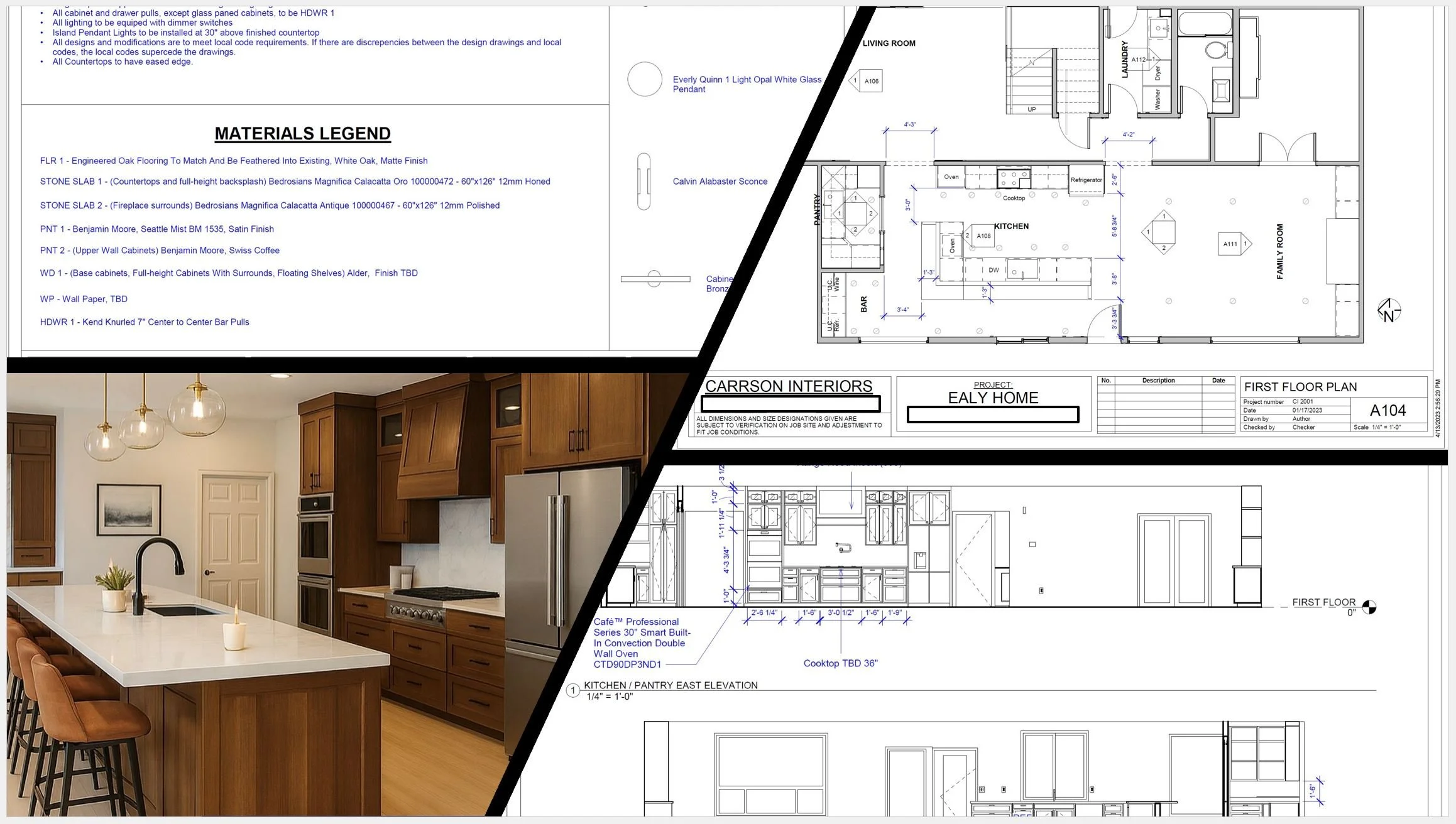 A combination of architectural blueprints and a photograph of a modern kitchen with wooden cabinetry, a white island countertop, pendant lights, and stainless steel appliances.