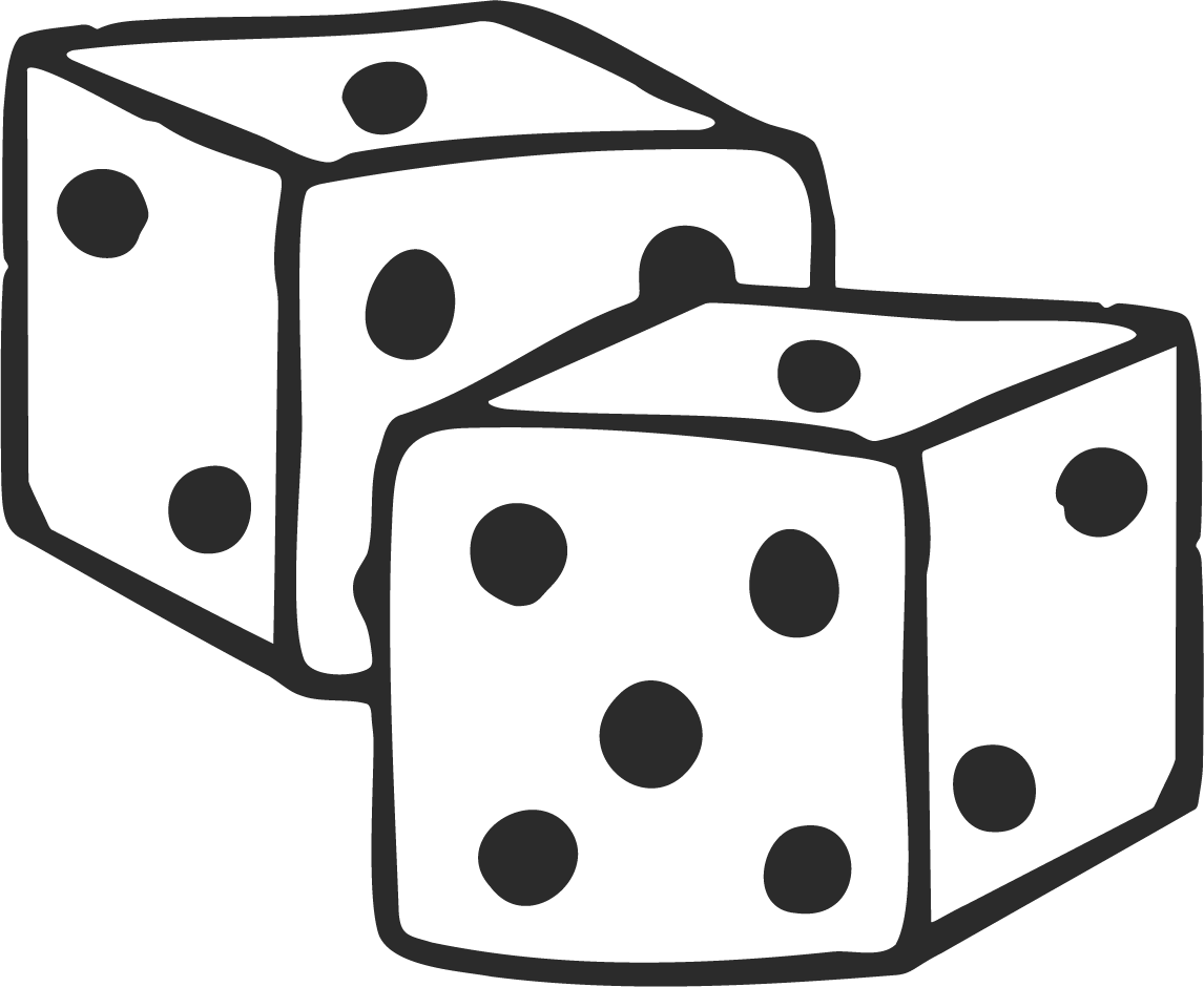 Black and white illustration of two six-sided dice with pips, showing the numbers 2, 3, 5, and 6.