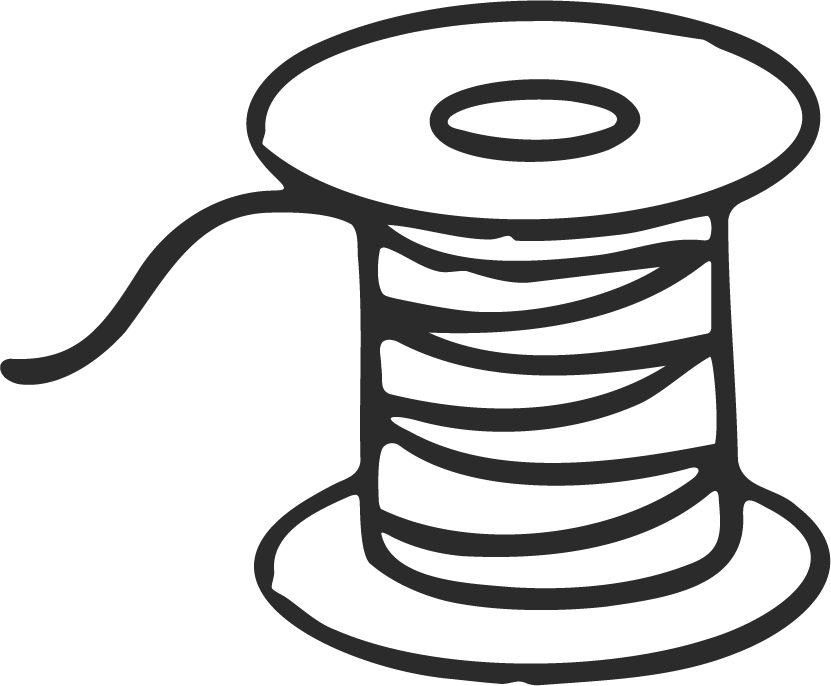 Line drawing of a spool of thread with a needle threaded through it.