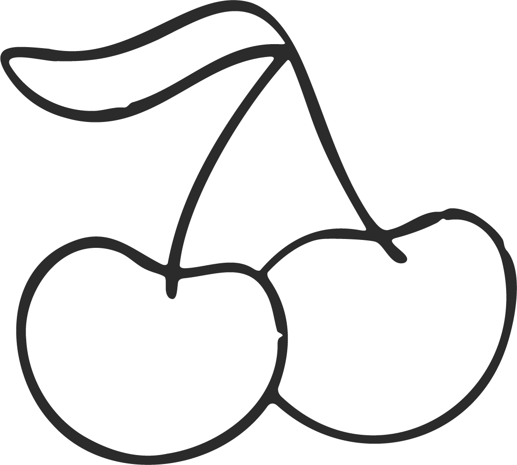 Simple black outline drawing of two cherries with leaves and stems.