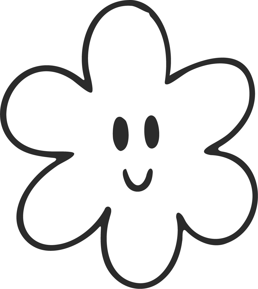 Black and white outline of a smiling four-leaf clover with two ovals for eyes and a small curved line for a mouth.