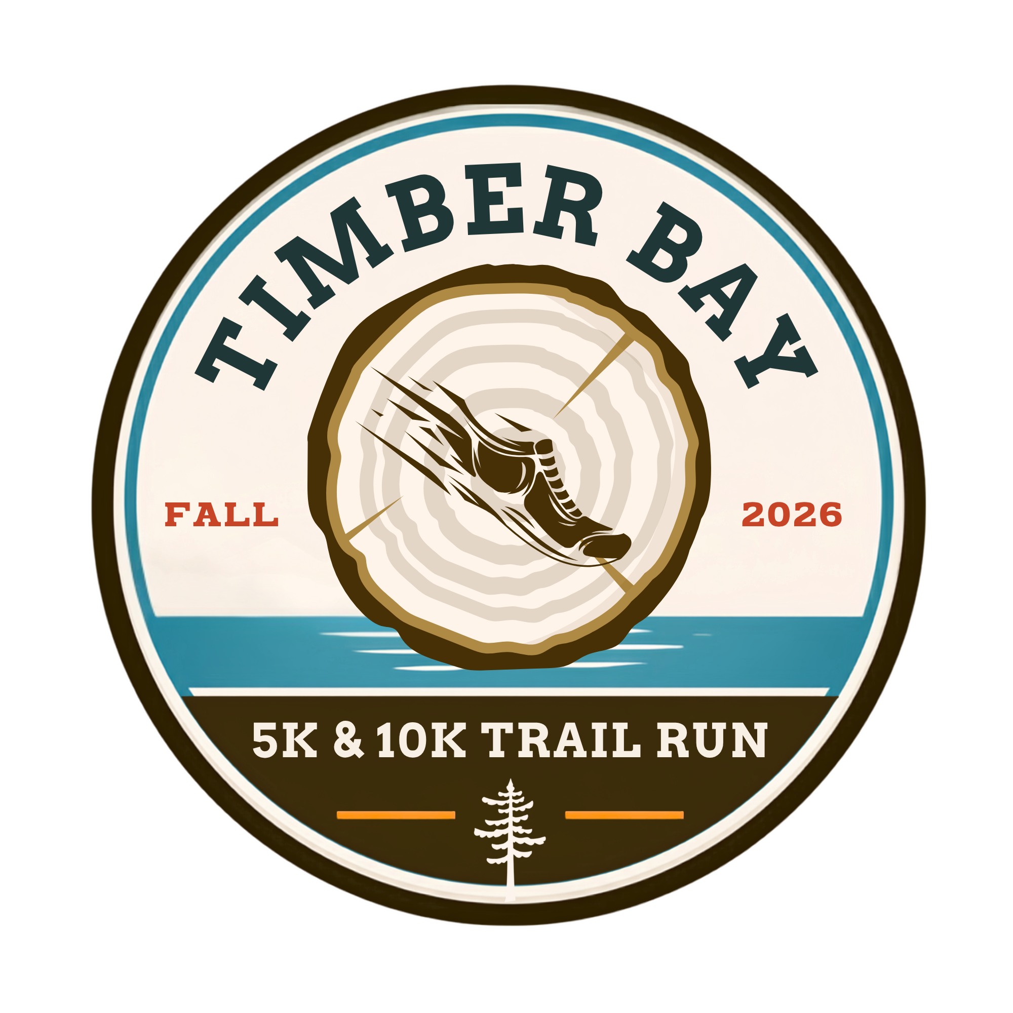 Invitation poster for Timbers Bay Fall 5K & 10K Trail Run, 2026, featuring a stylized tree and a circular log cross-section, with event details.