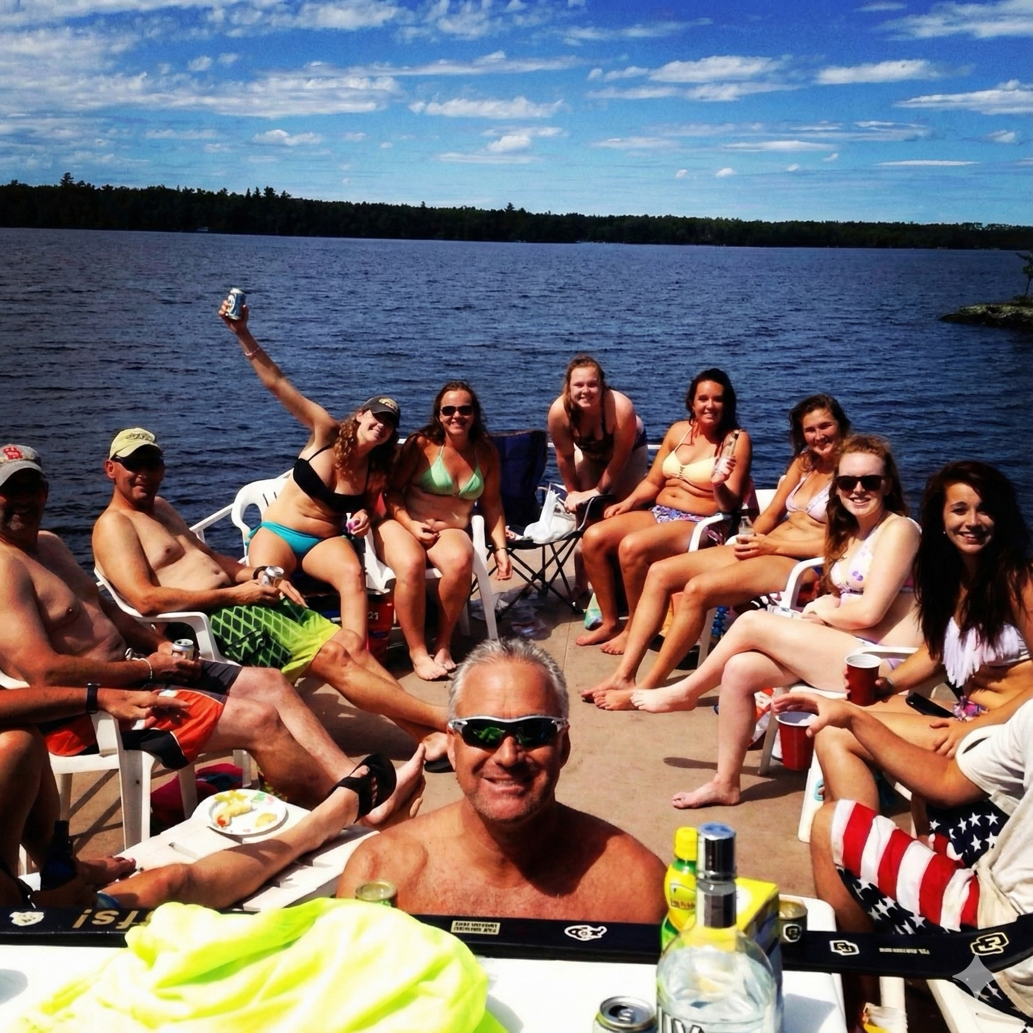 A group of people enjoying a summer day on a boat dock by a lake, some wearing swimsuits, with a man in sunglasses smiling in the foreground and others sitting in chairs or standing by the lake.