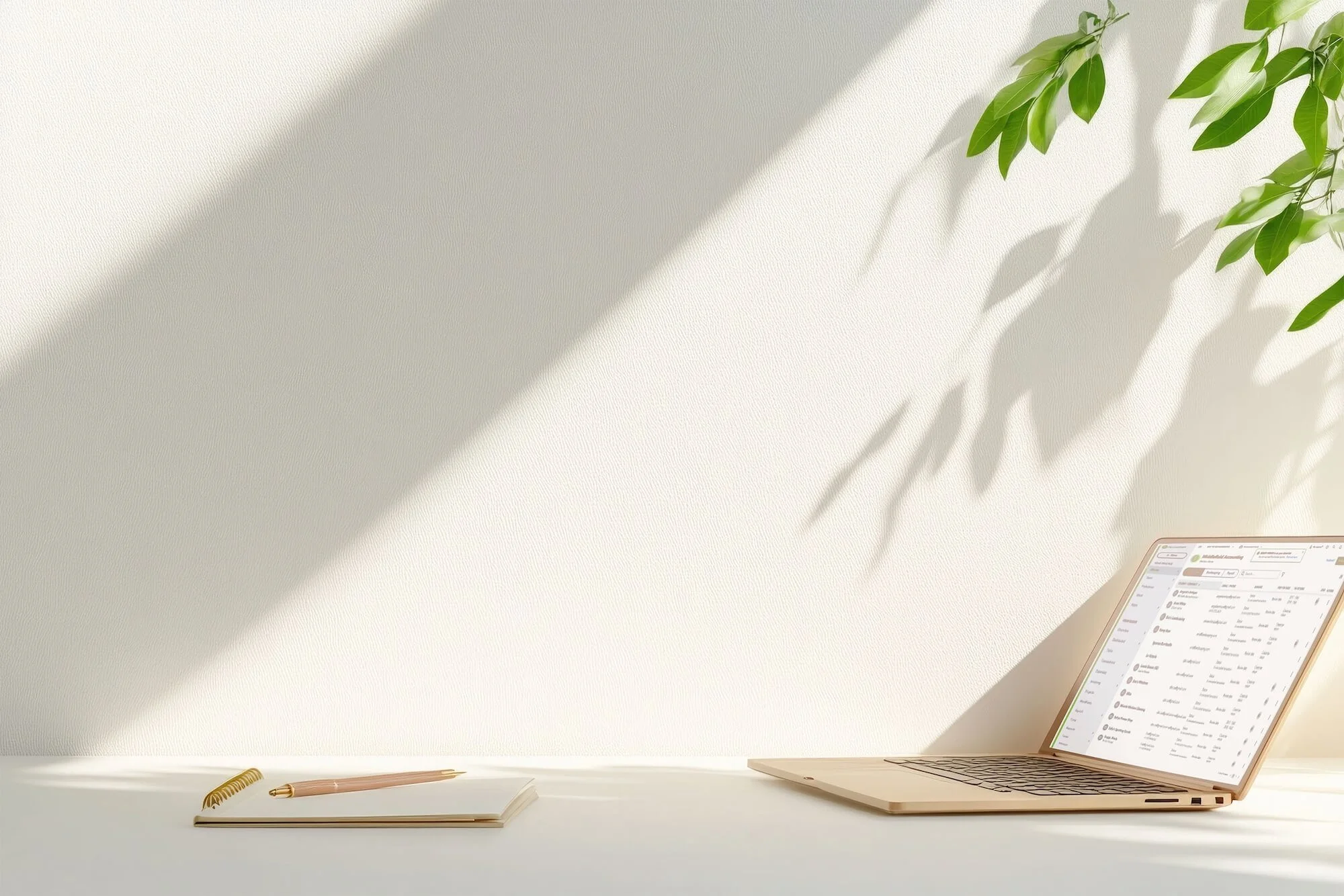 A minimalist workspace with a light-colored desk, an open laptop displaying a software interface, a closed notebook with a pen on top, and a leafy plant casting shadows on a white wall.