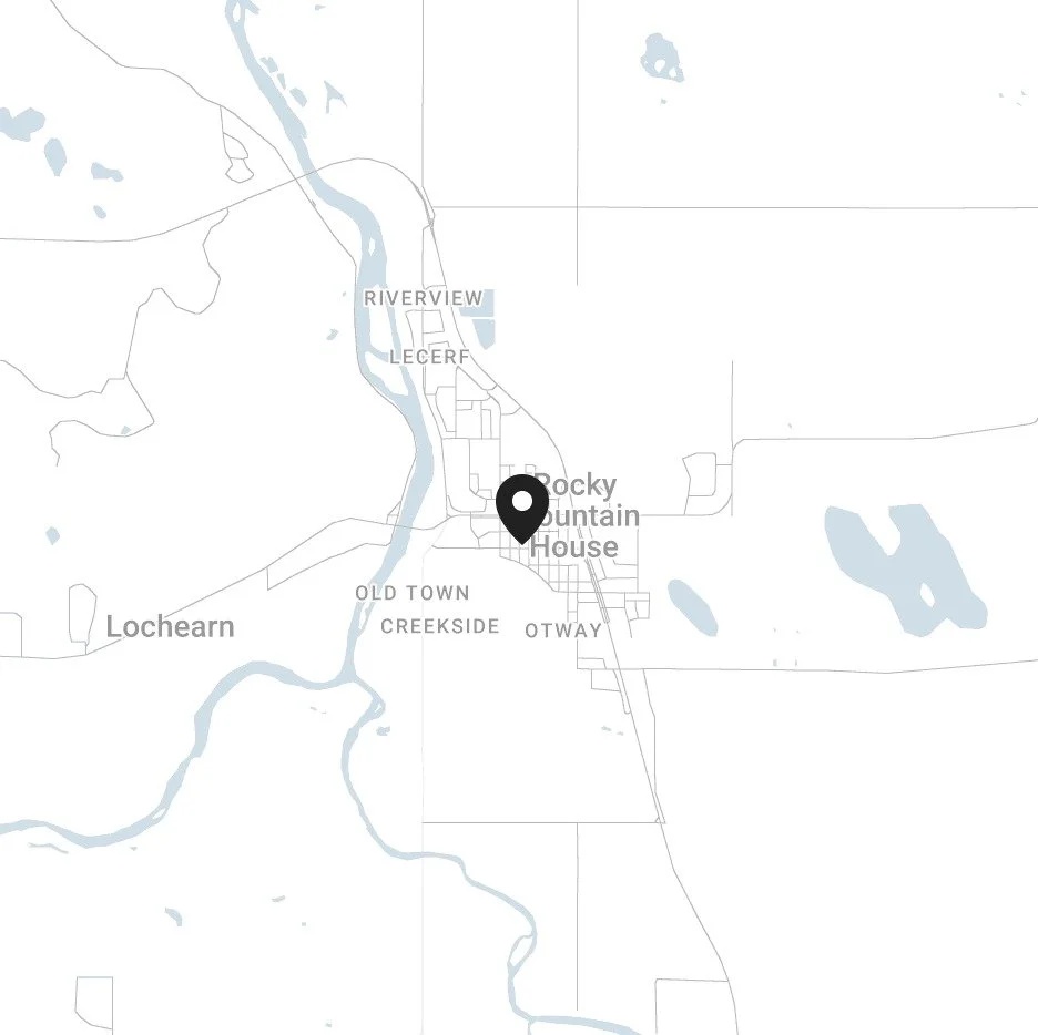 Map showing Rocky Mountain House, Alberta with surrounding areas including Riverview, Leceref, Locharne, Old Town, Creekside, Otway, and nearby lakes and rivers.