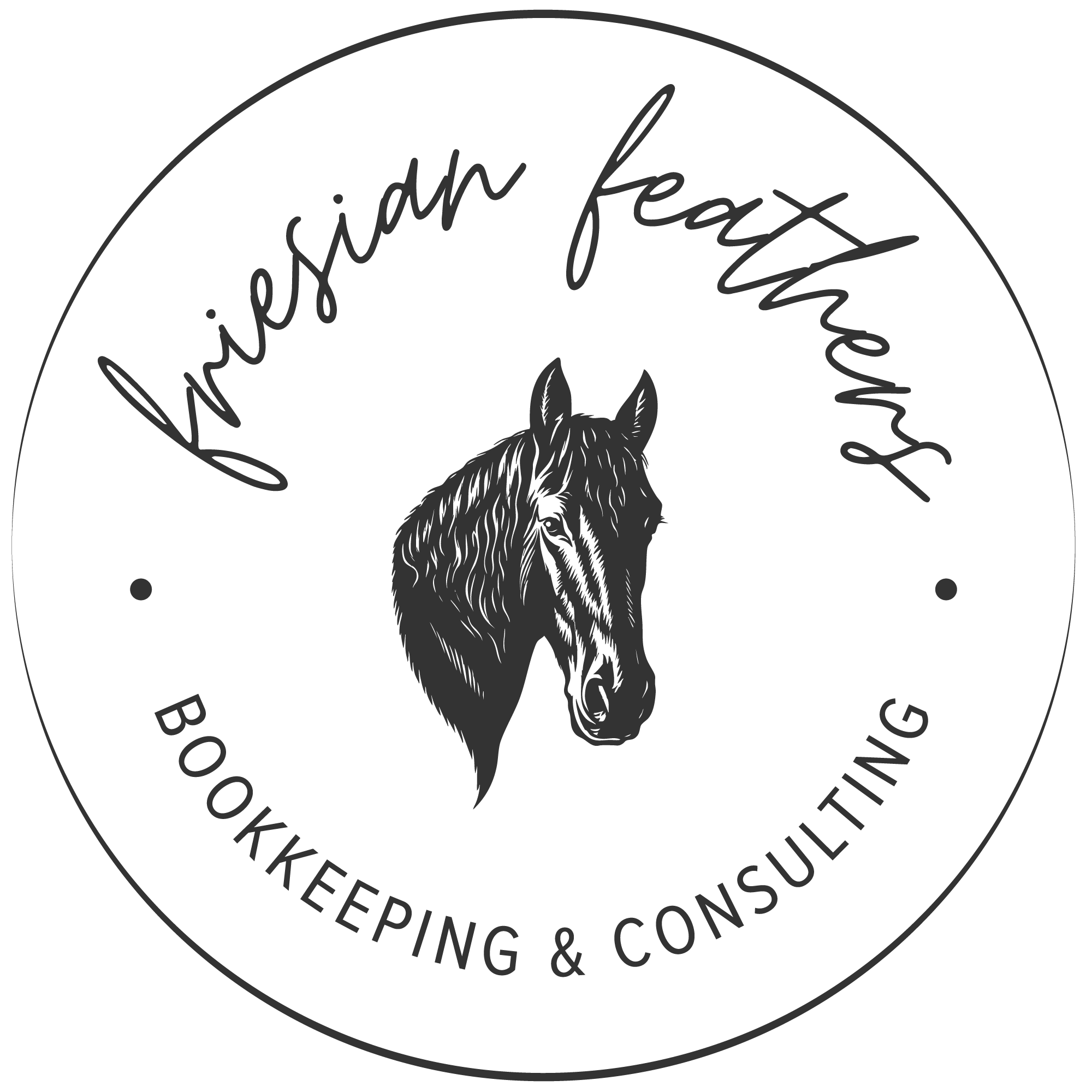 Logo for Friesian Feathers Bookkeeping & Consulting featuring a detailed illustration of a horse's head, circular text, and a black background.