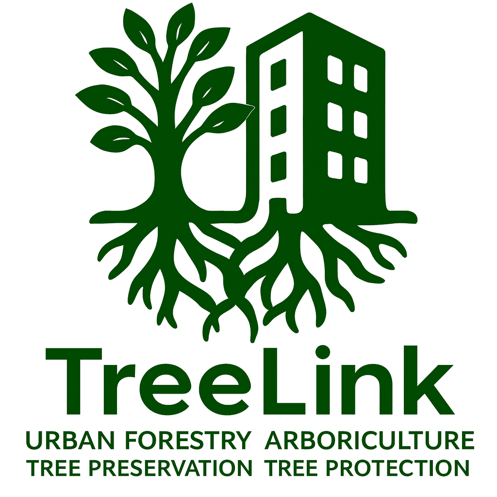 Green logo with a tree and a building, promoting urban forestry, arboriculture, tree preservation, and protection, with the text 'TreeLink' and related services.