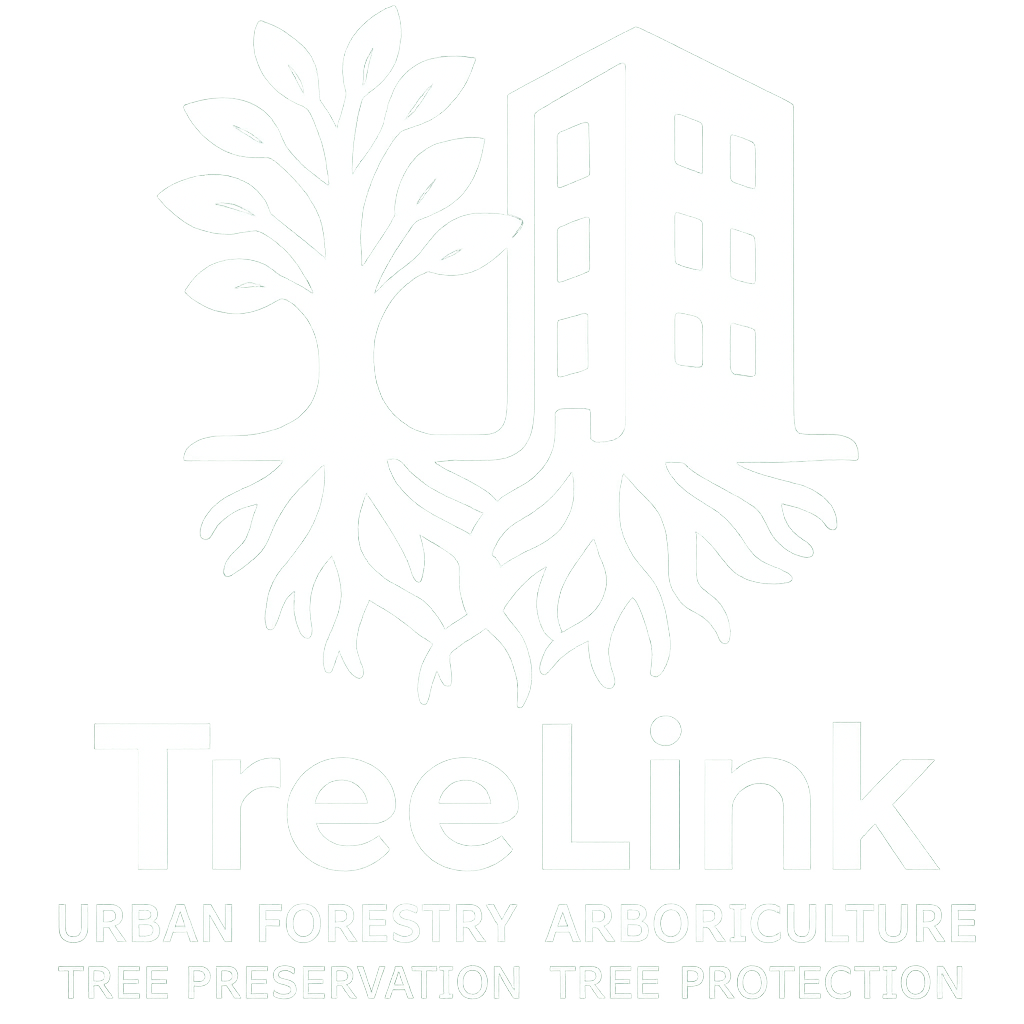 Neon sign with a tree and a building between its roots, and text that reads 'Trelink Urban Forestry Arboriculture Tree Preservation Tree Protection'.