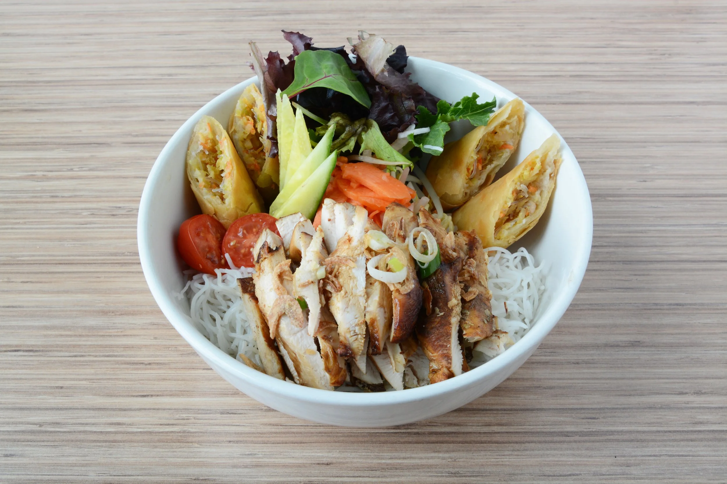 51. Lemongrass Chicken Breast Bun Rice Vermicelli with Spring Rolls