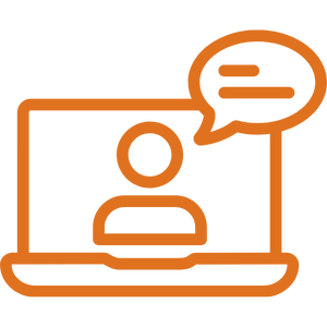 An orange outline of a person on a laptop screen with a speech bubble indicating conversation or communication.