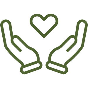 Outline of two hands holding a heart symbol.