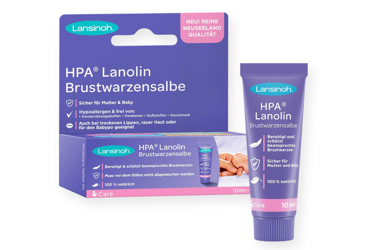 Lansinoh HPA Lanolin Nippelcreme Tube auf weissem Hintergrund