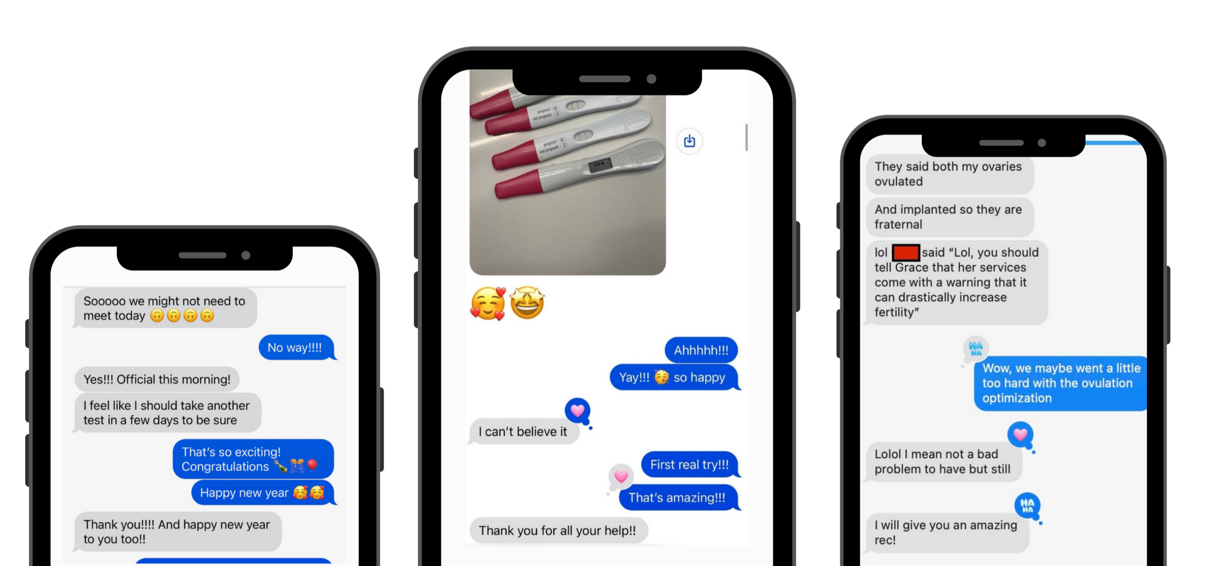 Three smartphones displaying text message conversations, with one showing pictures of pregnancy tests and emojis, and the other two showing humorous chat exchanges about medical results and fertility services.