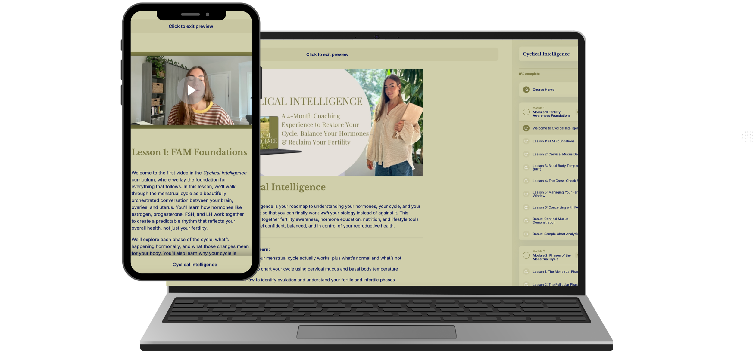 A digital course interface displayed on a laptop and smartphone screens, both showing lessons on cyclical intelligence and fertility awareness.