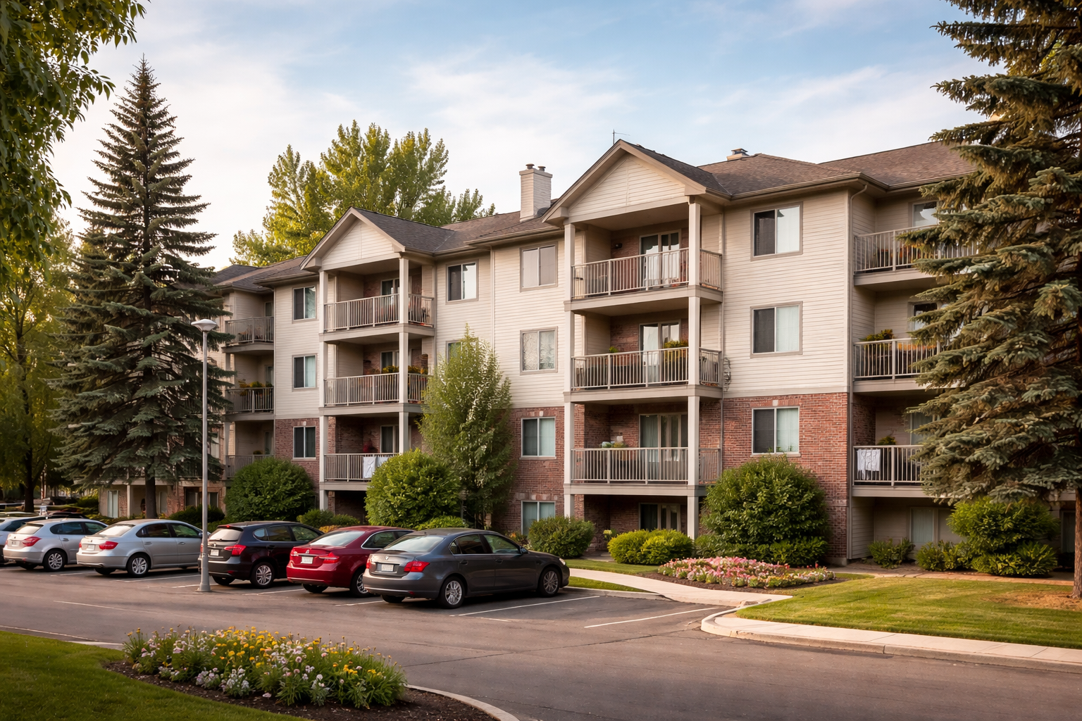 A multi family unit building with cars parked outisde