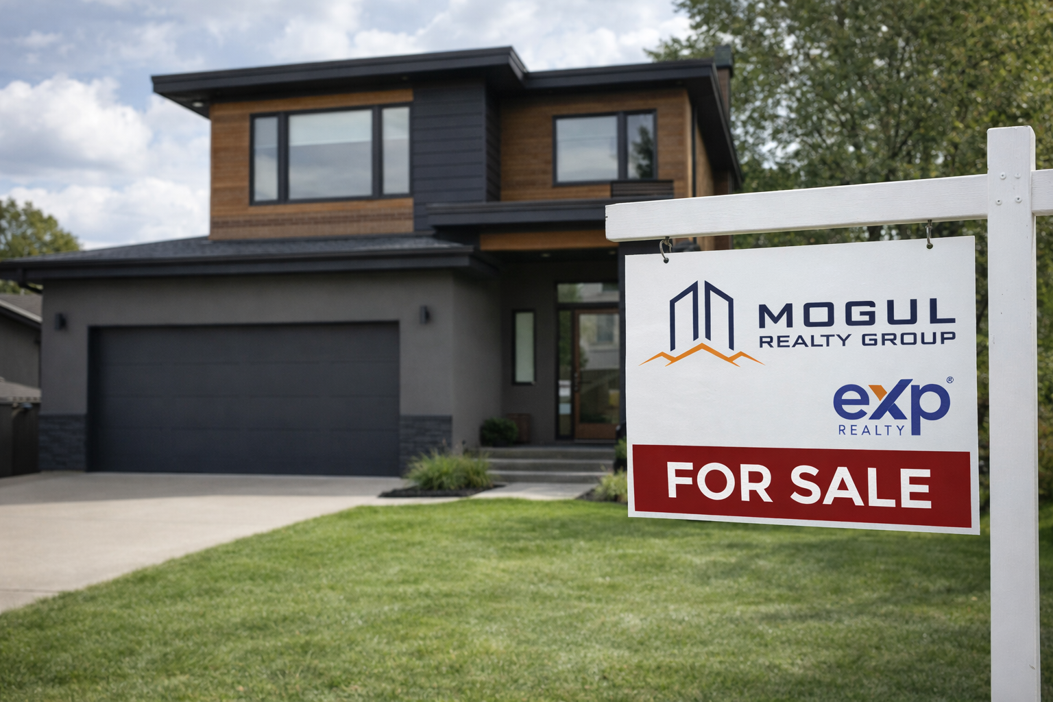 A modern house with a For Sale sign in the front. The sign has Mogul Realty and EXP logos