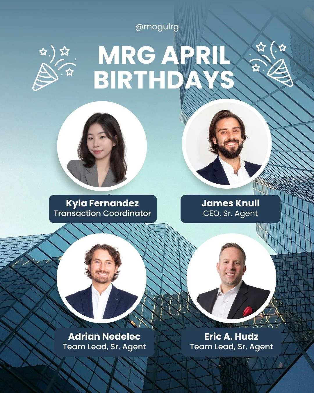 April is packed with talent over here at MRG! 🎂

This month we're celebrating four incredible members of our team &mdash; Kyla, James, Adrian, and Eric. Each of them plays a vital role in what makes MRG great, showing up every day with dedication, e