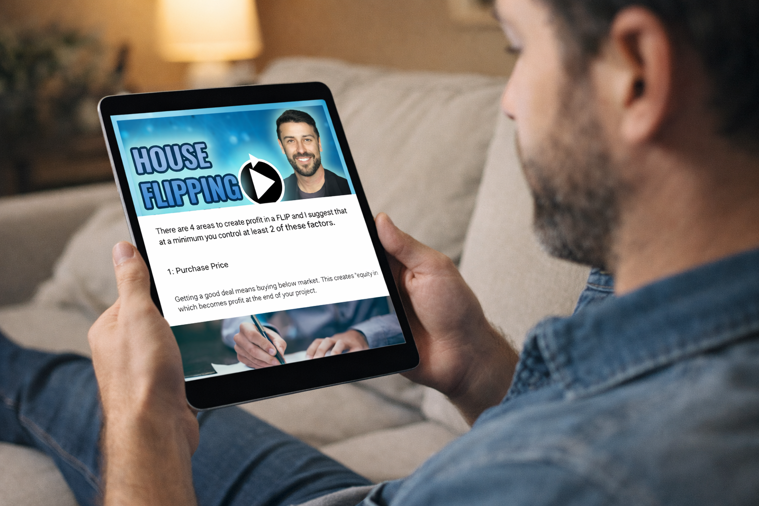 A man reading Investor's Guide on an iPad on a sofa